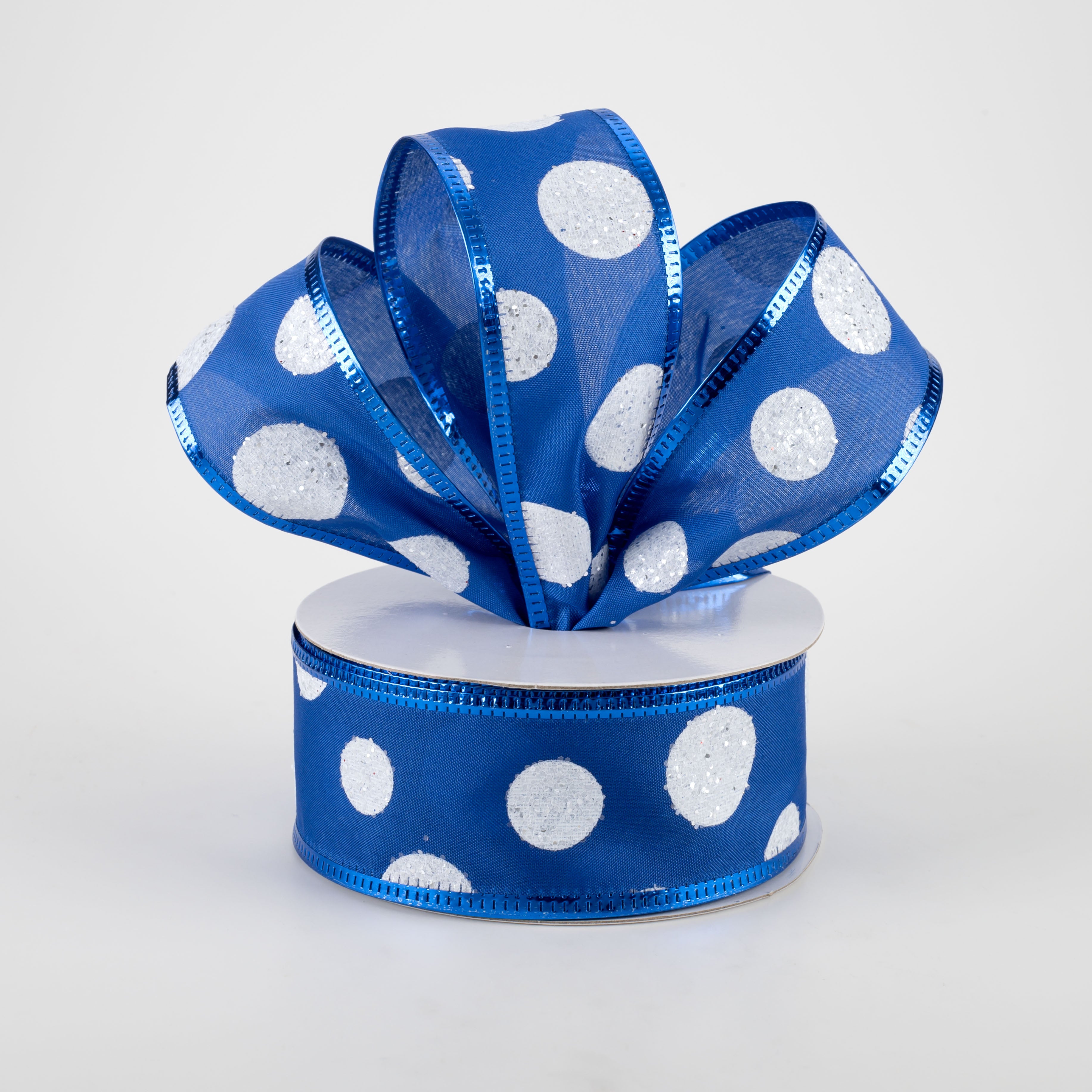 1.5" Glitter Big White Dots Ribbon: Royal Blue (10 Yards) Lifestyle Photo