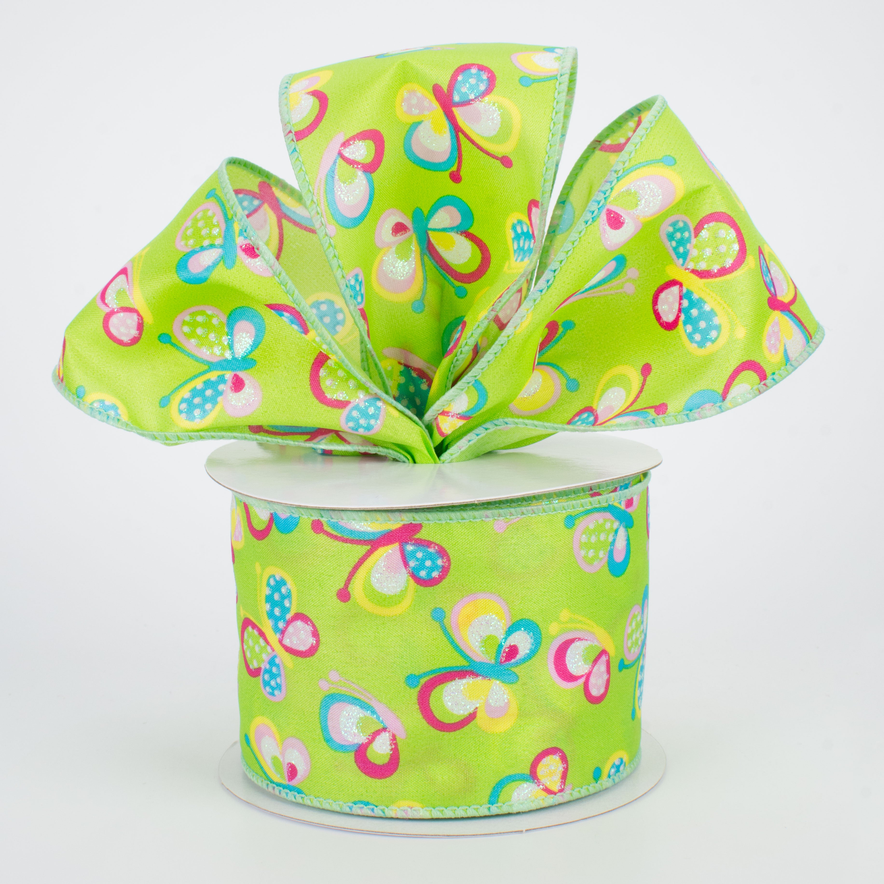 2.5" Glitter Butterfly Ribbon: Lime Green (10 Yards) Lifestyle Photo