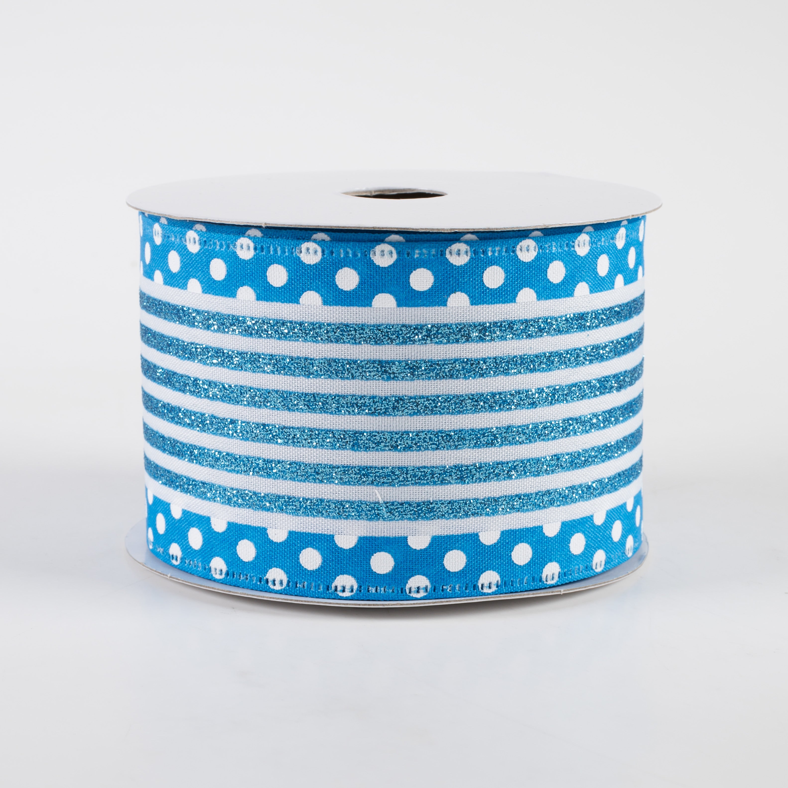 2.5" Glitter Cabana Stripe Dot Edge Ribbon: White, Aqua, Turquoise (10 Yards)
