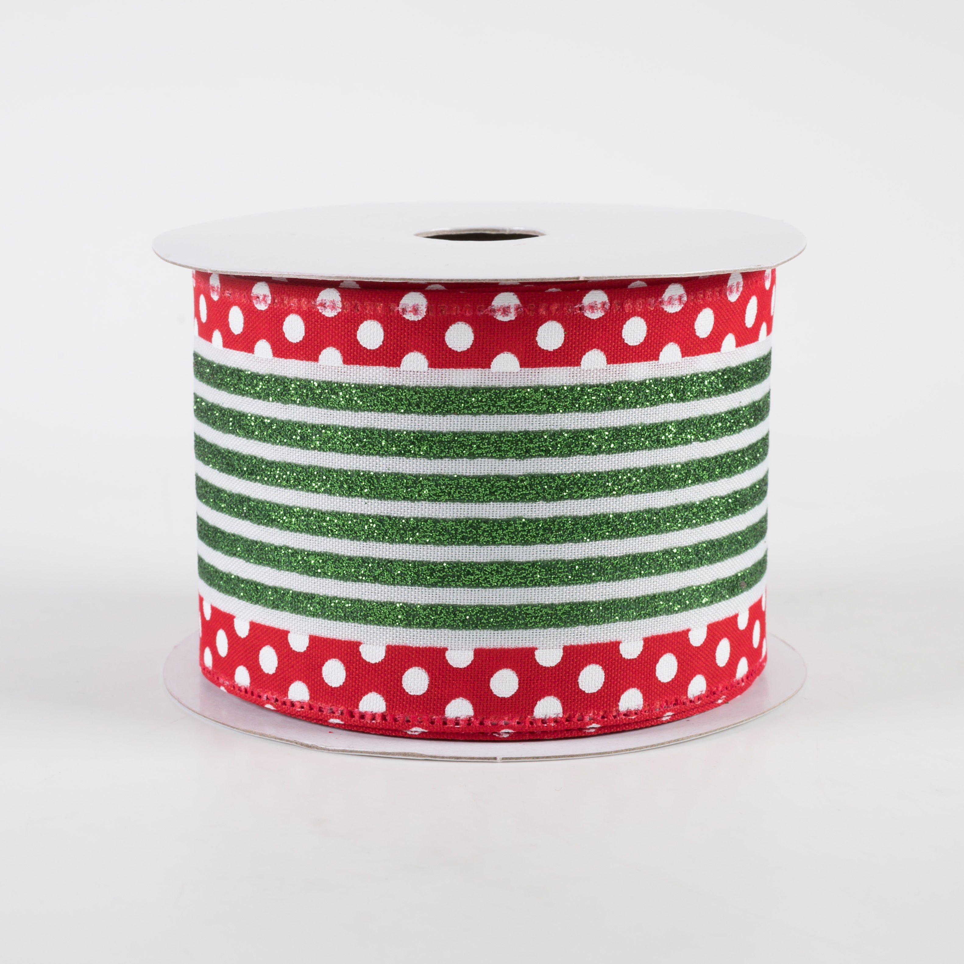 2.5" Glitter Cabana Stripe Dot Edge Ribbon: White, Emerald, Red (10 Yards) Item Number: 75240-40-17