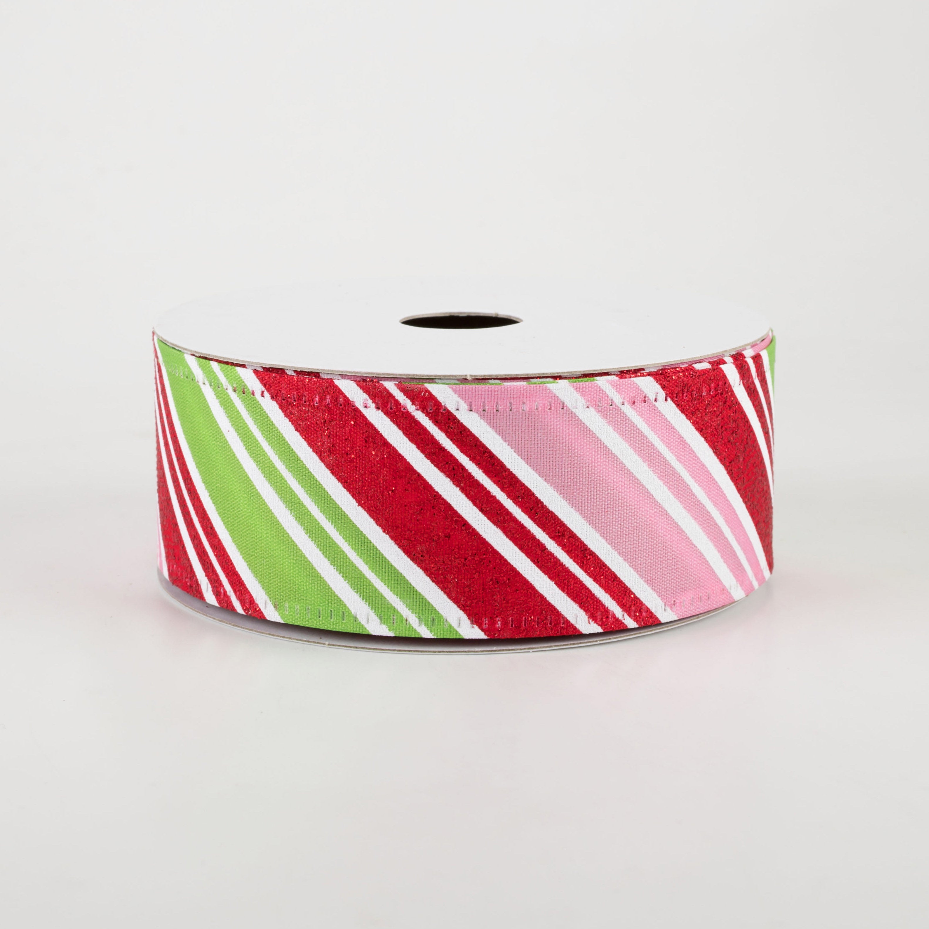 1.5" Glitter Candy Cane Stripe Ribbon: Pink, Lime, Red (10 Yards)