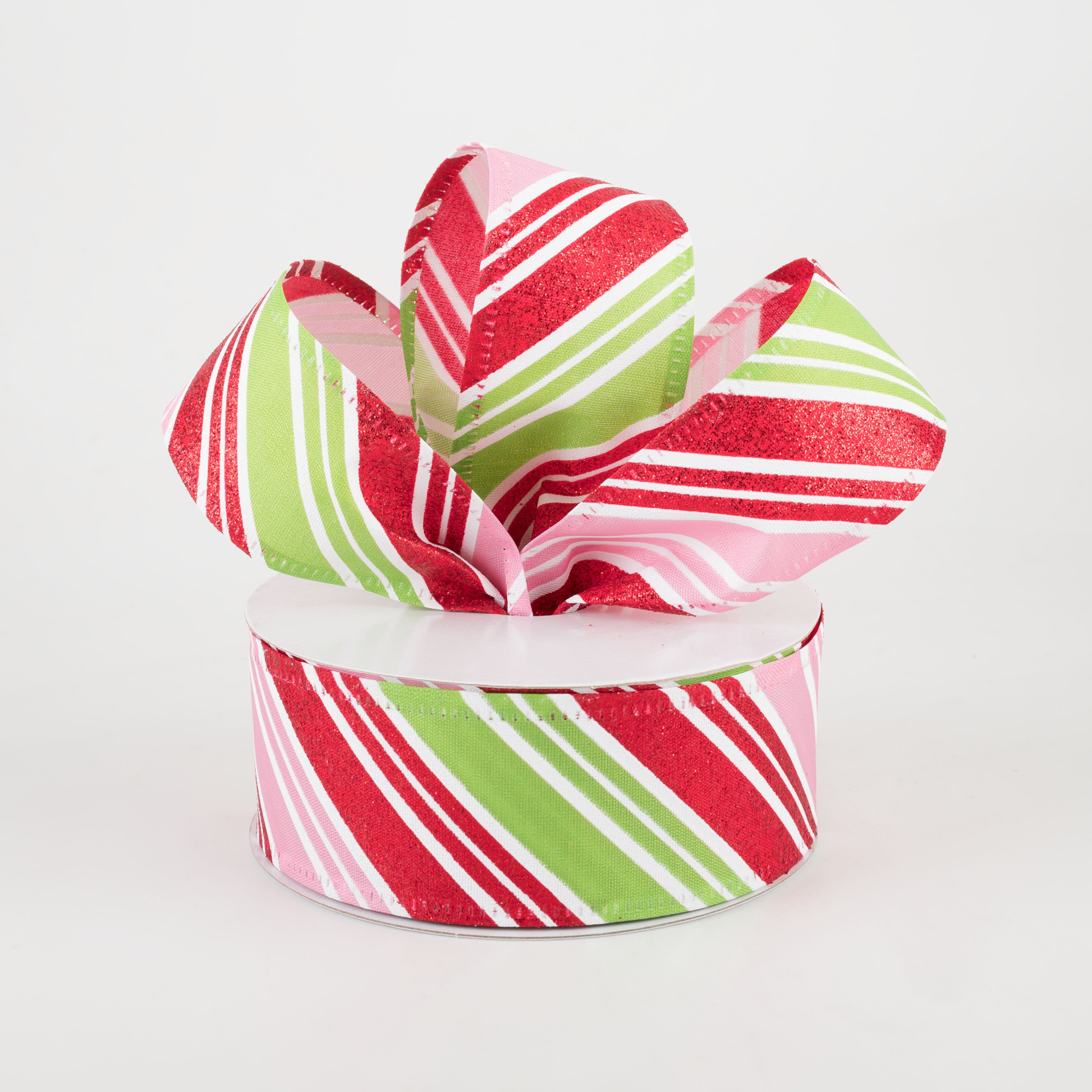 1.5" Glitter Candy Cane Stripe Ribbon: Pink, Lime, Red (10 Yards) Lifestyle Photo