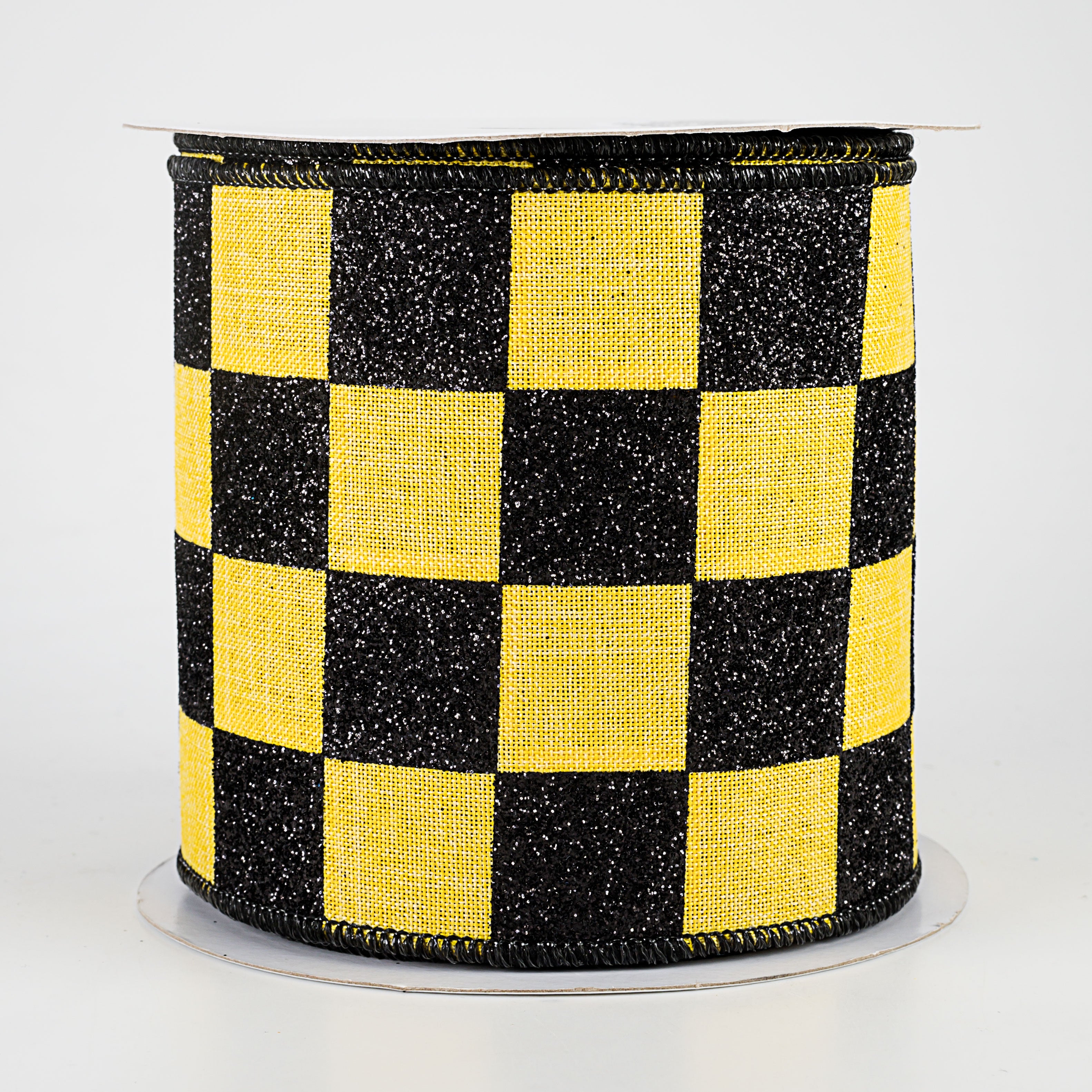 4" Glitter Check Ribbon: Black & Yellow (10 Yards)