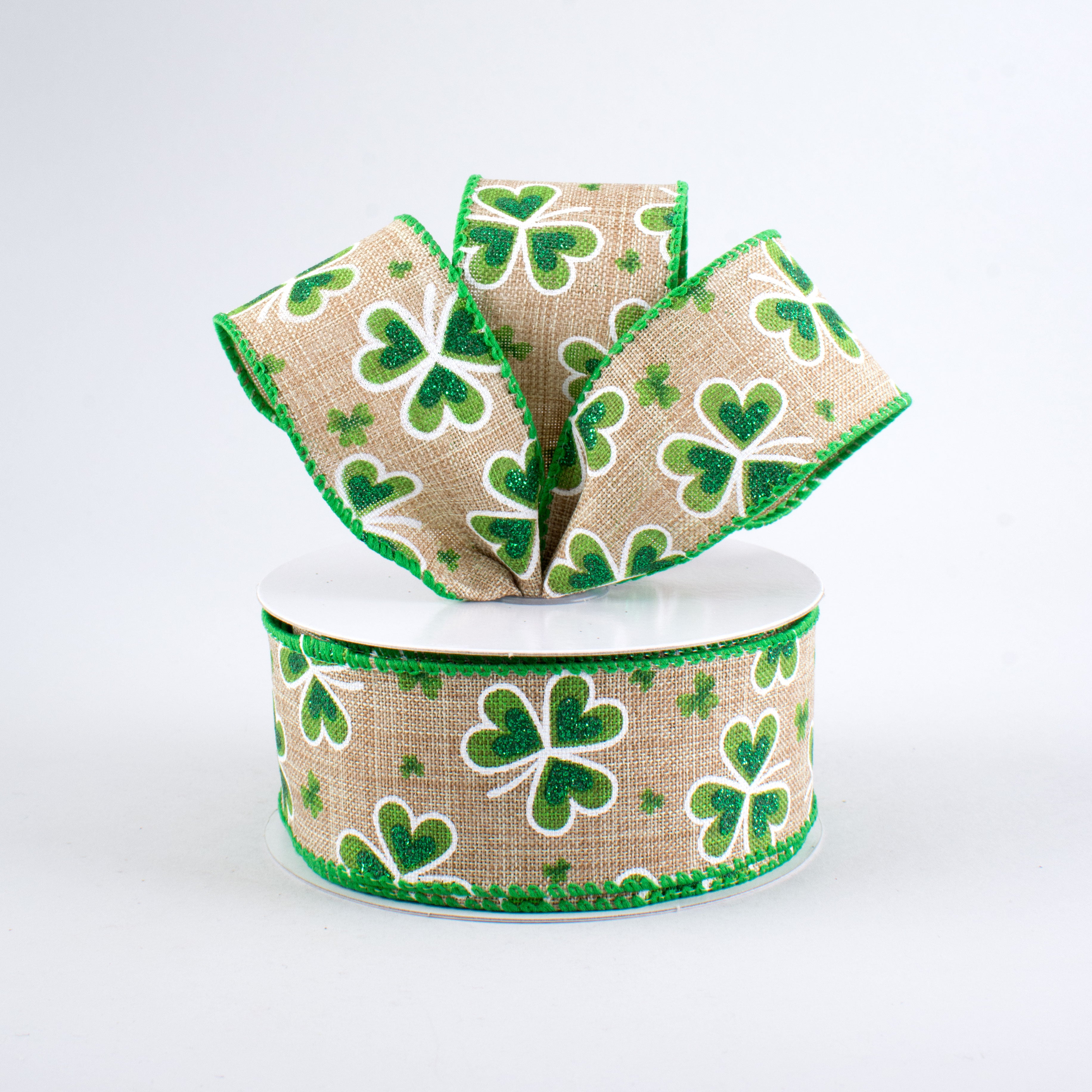 1.5" Glitter Clovers Ribbon: Natural (10 Yards) Lifestyle Photo