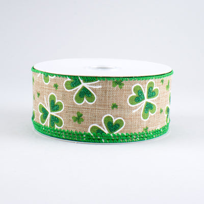 1.5" Glitter Clovers Ribbon: Natural (10 Yards)