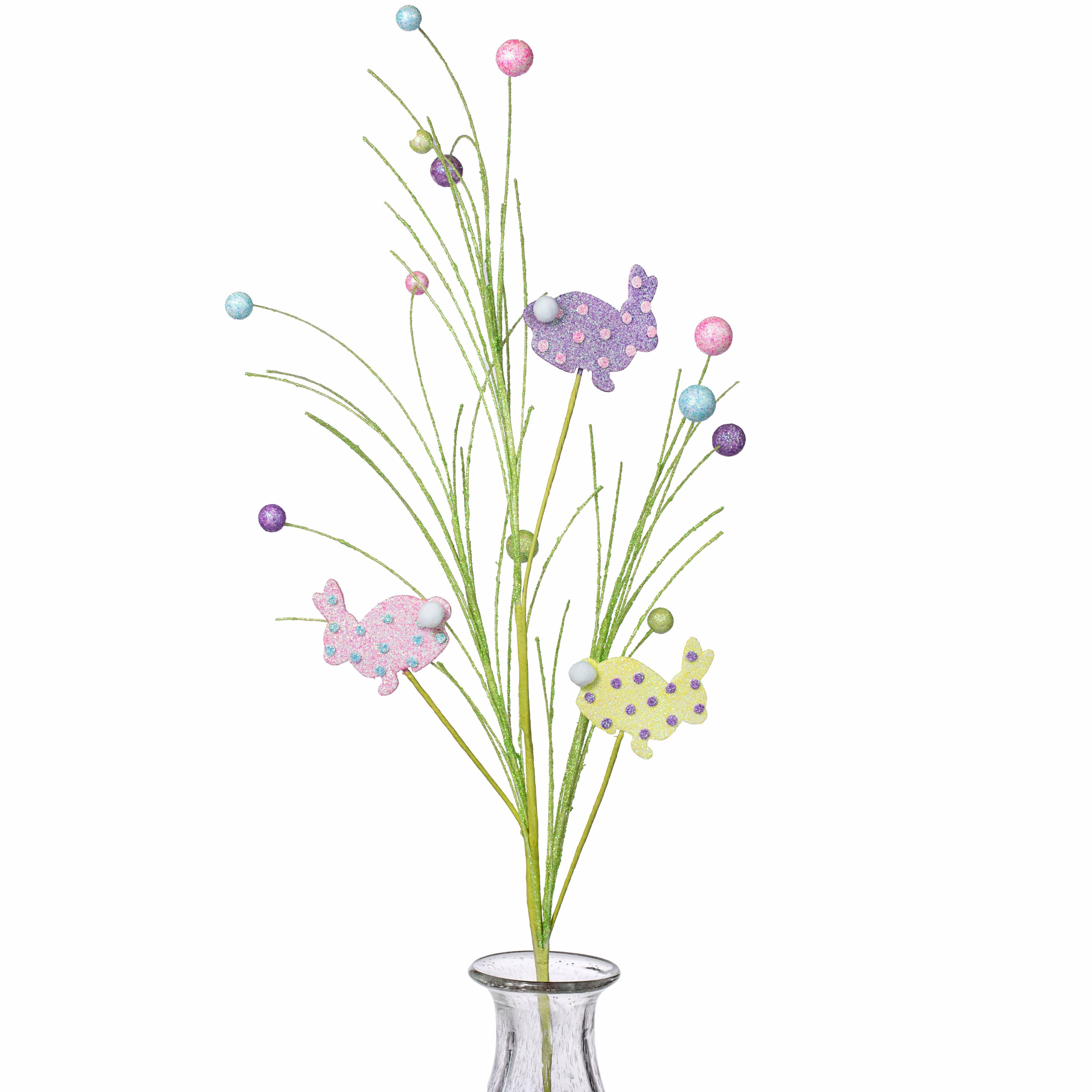 30" Glitter Easter Bunny Twig & Ball Spray: Lime Green Pastel Item Number: HE4111