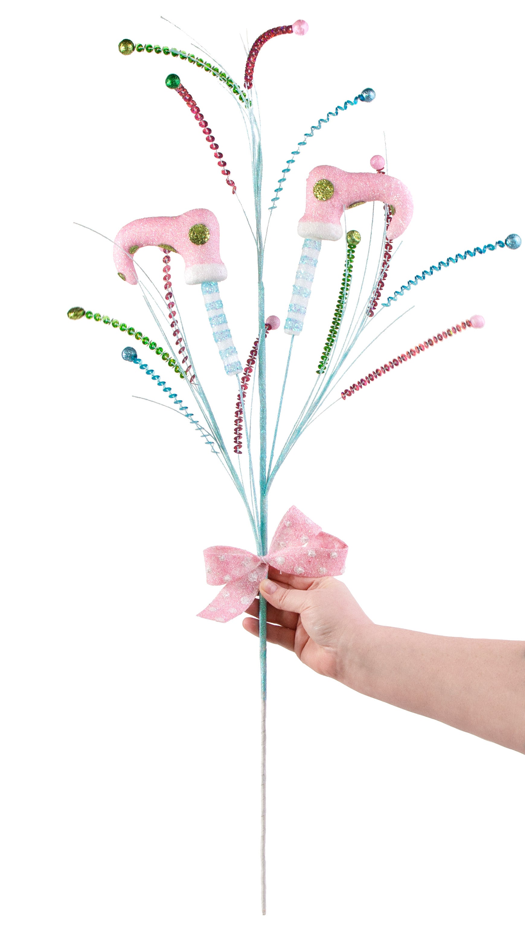 36" Glitter Elf Leg Spray: Ice Blue, Light Pink, Lime detail photo 3
