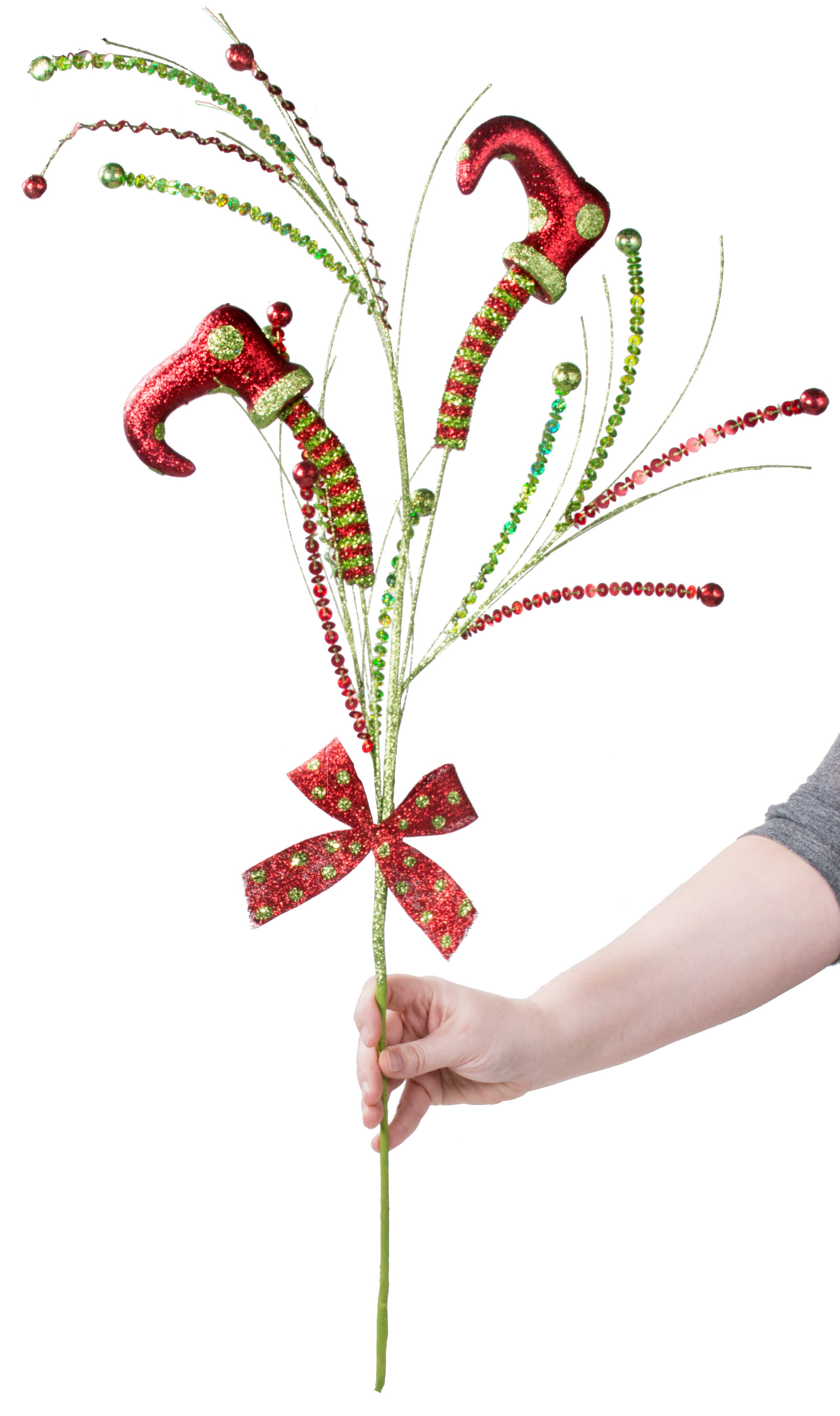36" Glitter Elf Leg Spray: Red & Lime detail photo 3