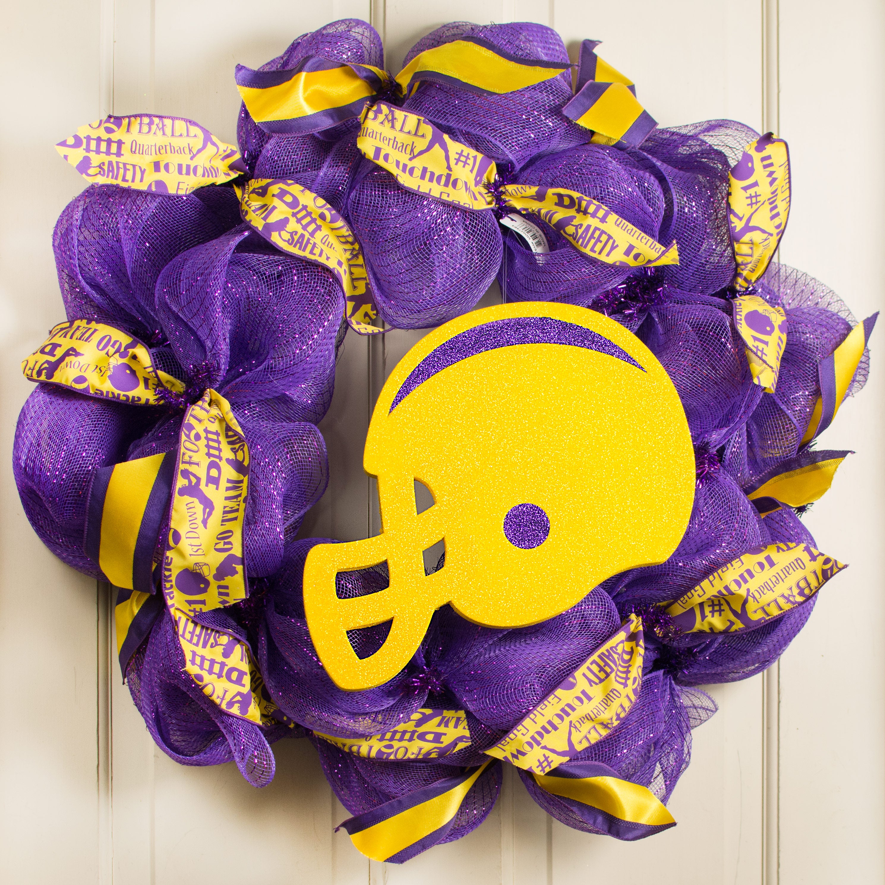 12" Glitter Football Helmet: Yellow & Purple Lifestyle Photo