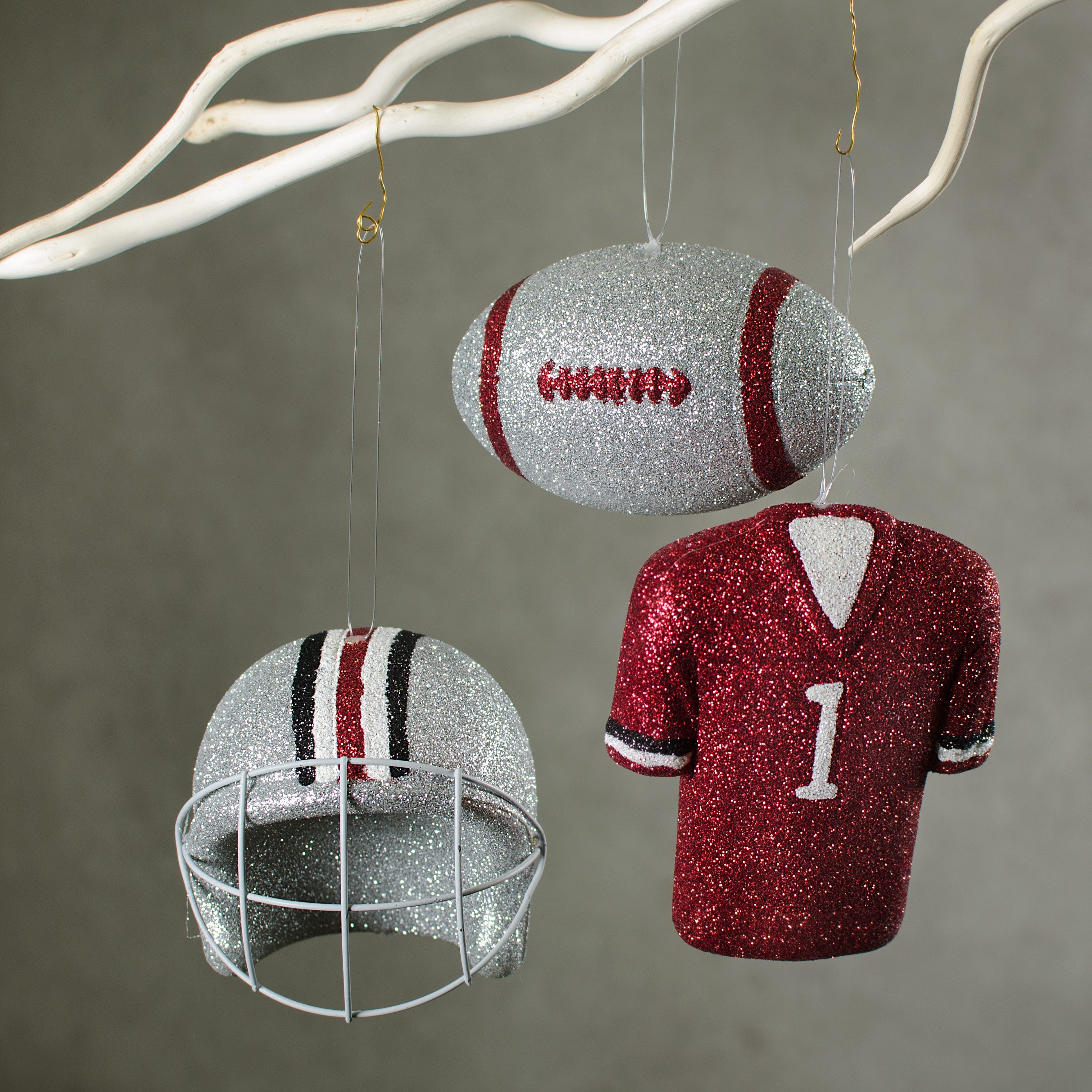 Glitter Football Ornament Assortment: Red, Silver & White (Set of 3) Lifestyle Photo