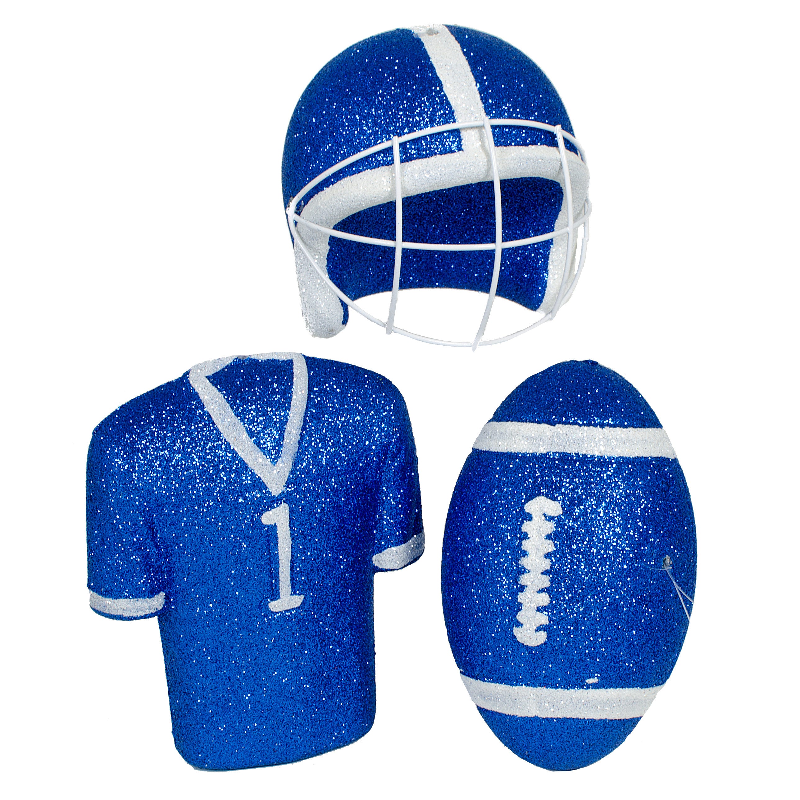 Glitter Football Ornament Assortment: Royal Blue & White (Set of 3) Item Number: MS1300H2