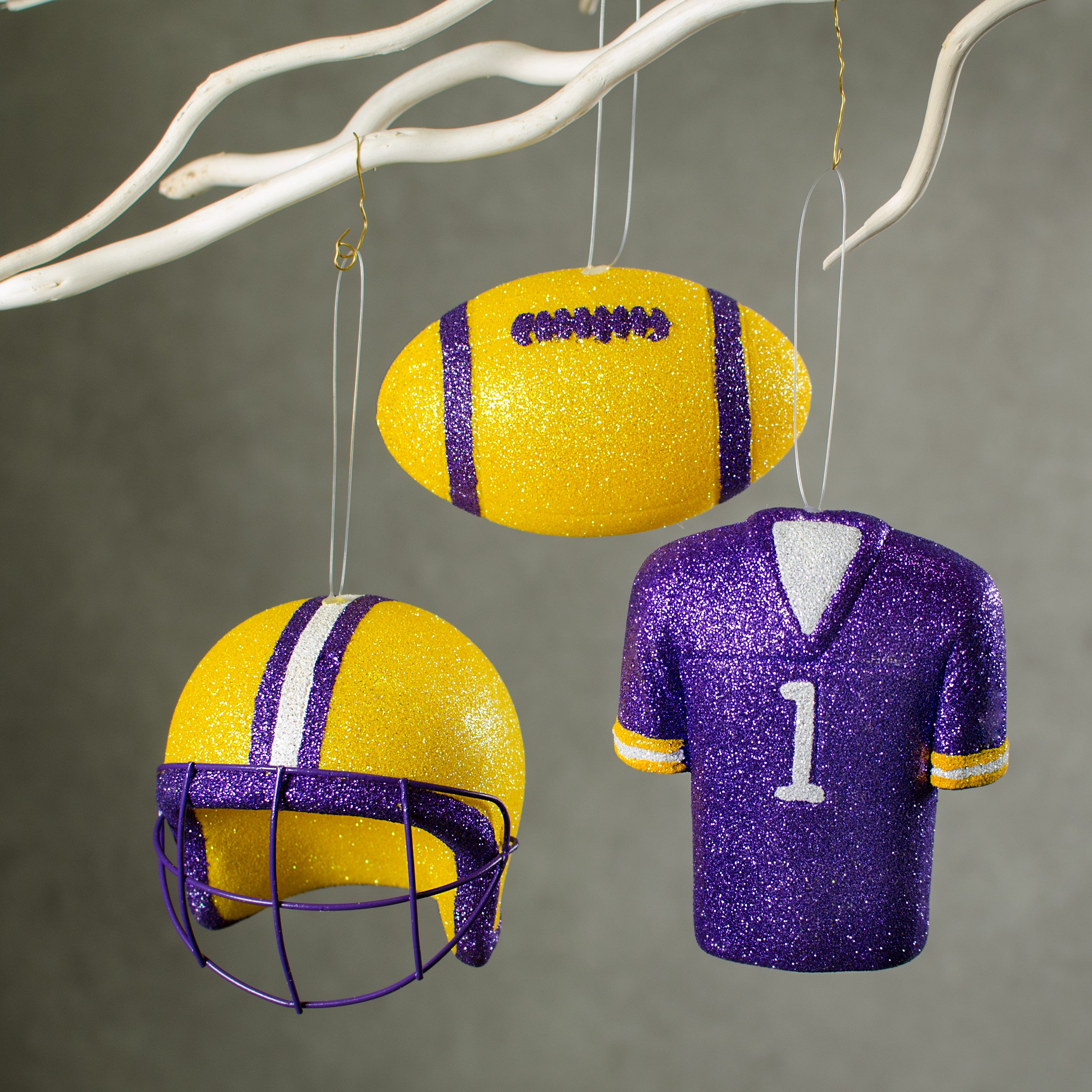 Glitter Football Ornament Assortment: Yellow, Purple & White (Set of 3) Lifestyle Photo