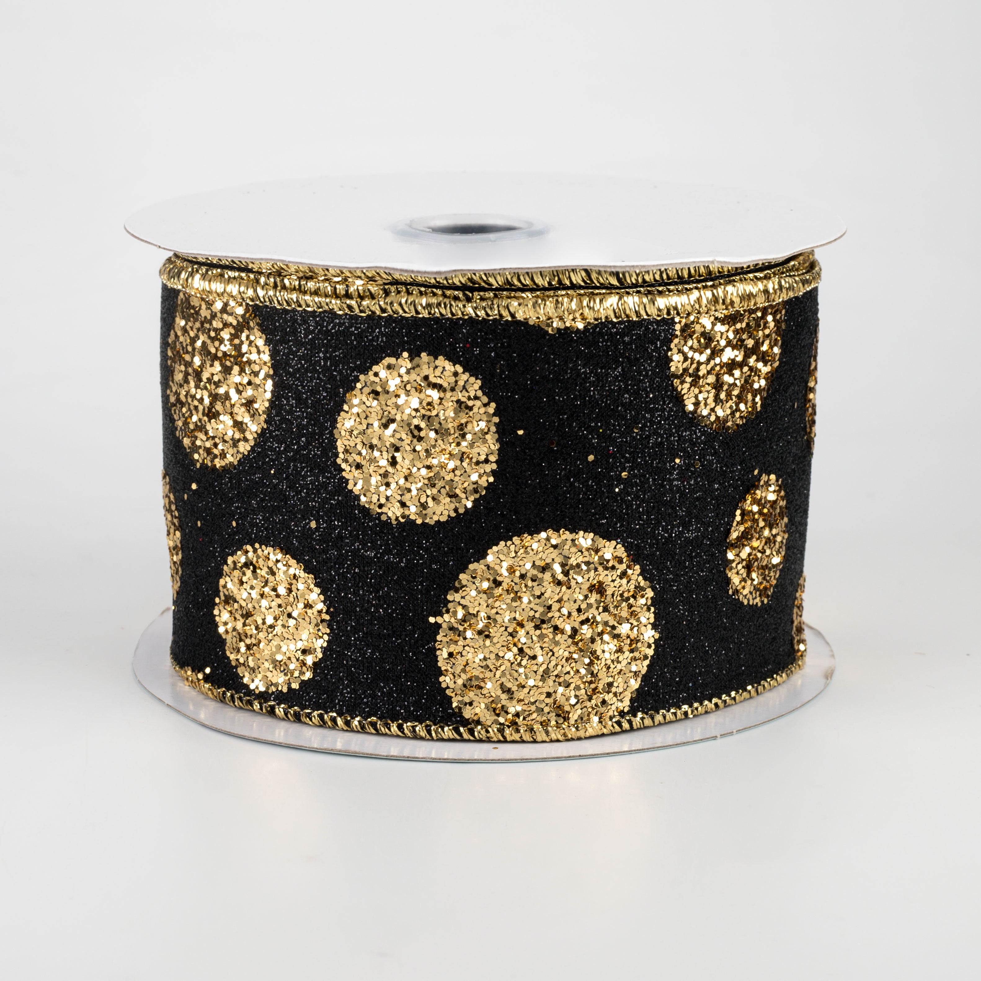 2.5" Glitter Giant Polka Dot Ribbon: Black & Gold (10 Yards)