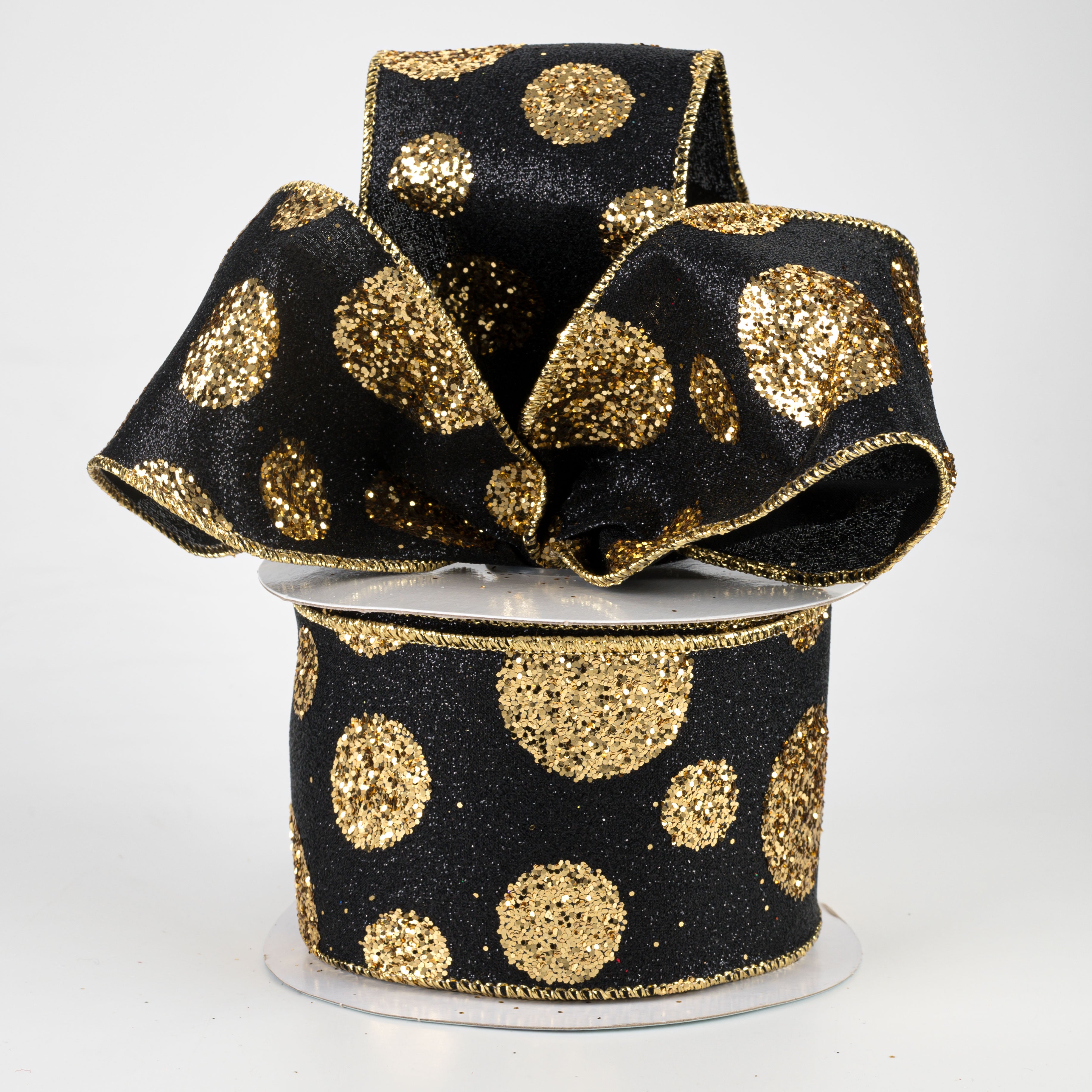 2.5" Glitter Giant Polka Dot Ribbon: Black & Gold (10 Yards) Lifestyle Photo