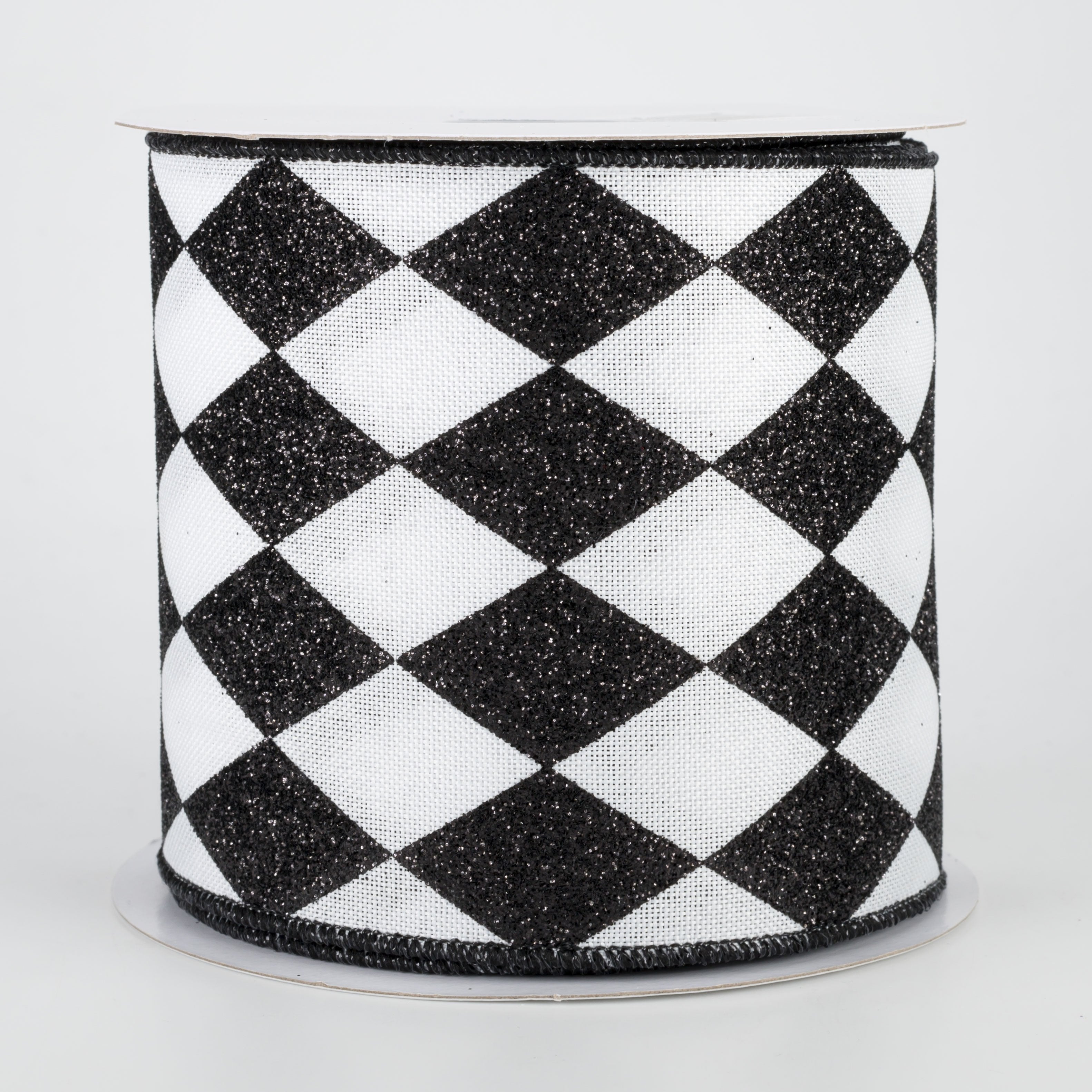 4" Glitter Harlequin Ribbon: Black & White (10 Yards)