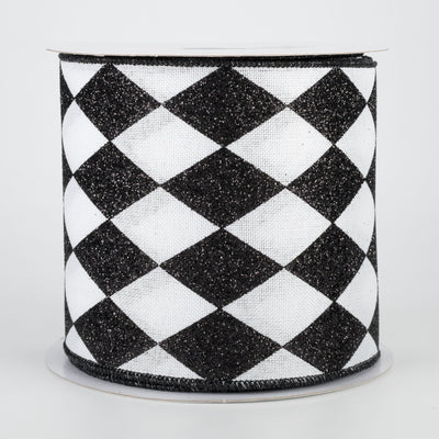 4" Glitter Harlequin Ribbon: Black & White (10 Yards)