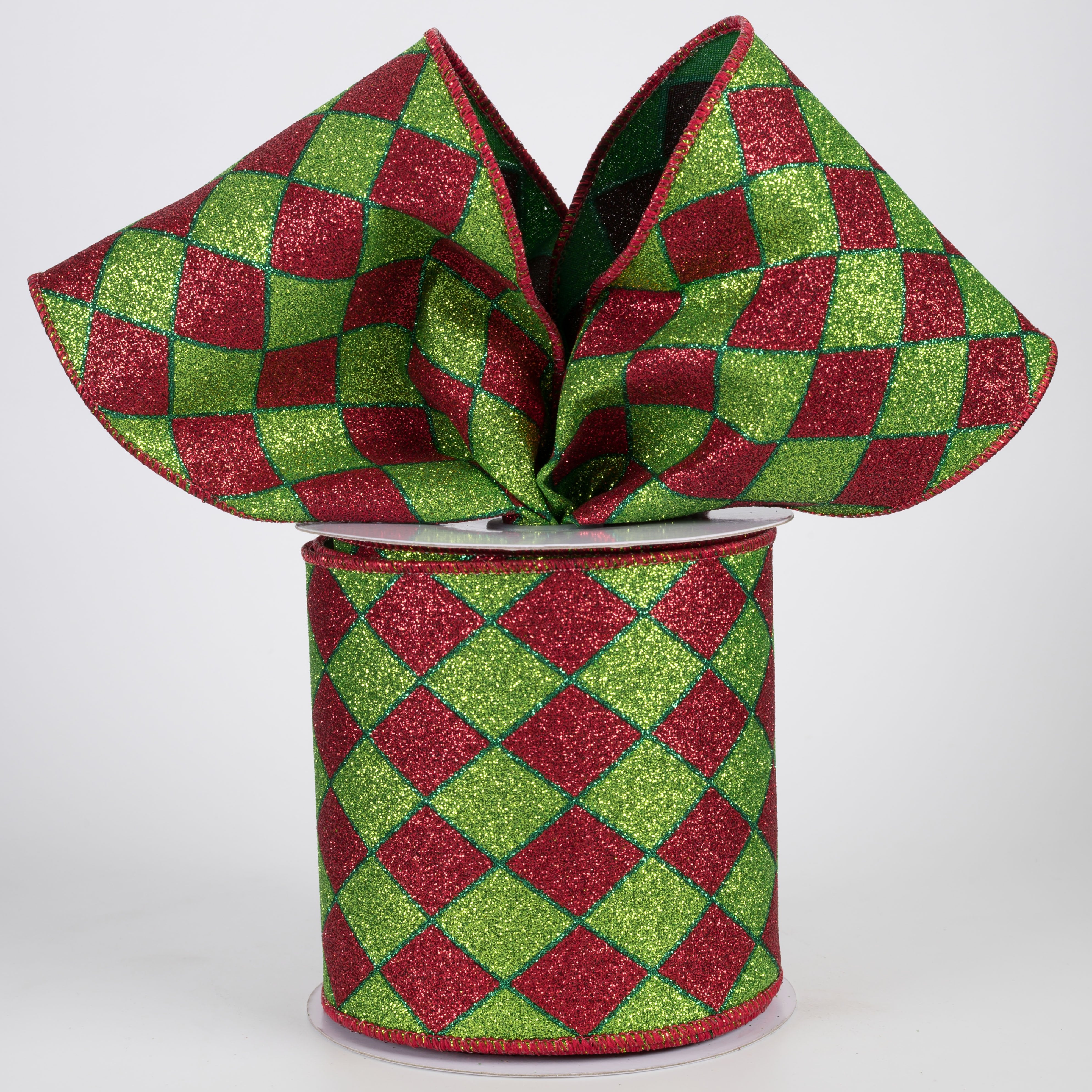 4" Glitter Harlequin Ribbon: Lime Christmas (10 Yards) Lifestyle Photo