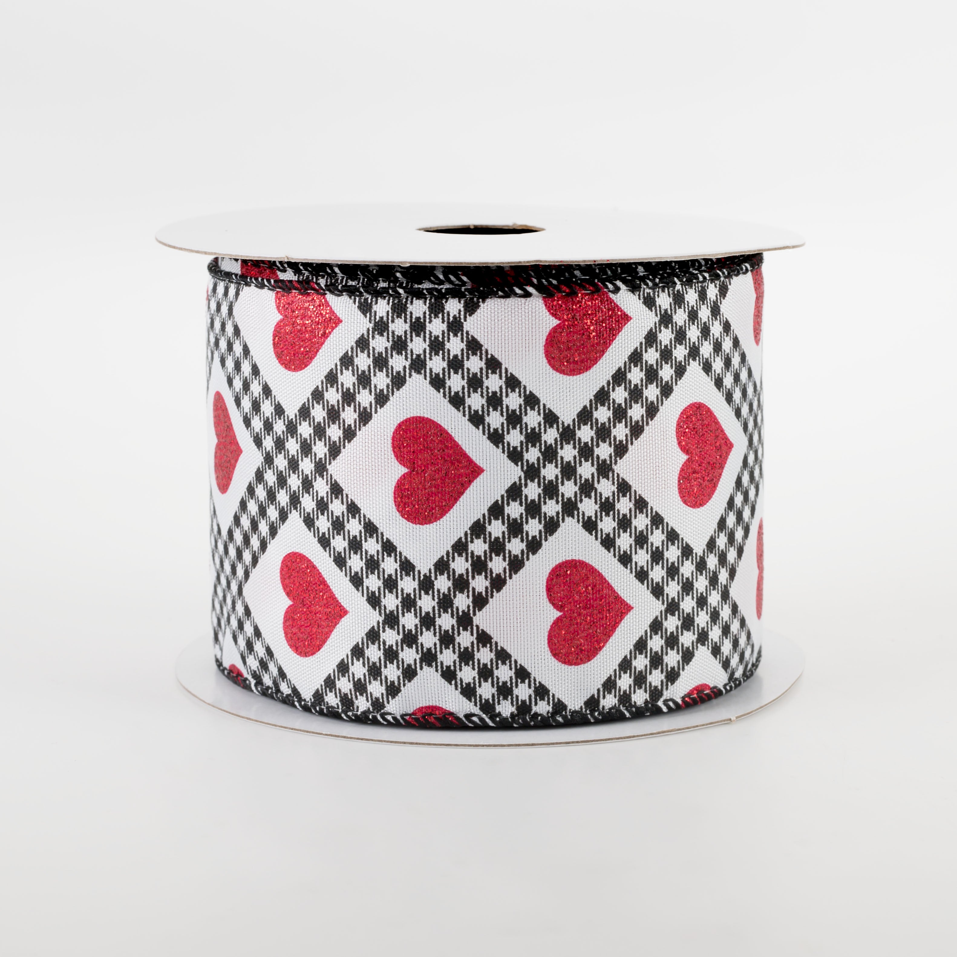2.5" Glitter Hearts Gingham Argyle Ribbon: Black & Red (10 Yards)
