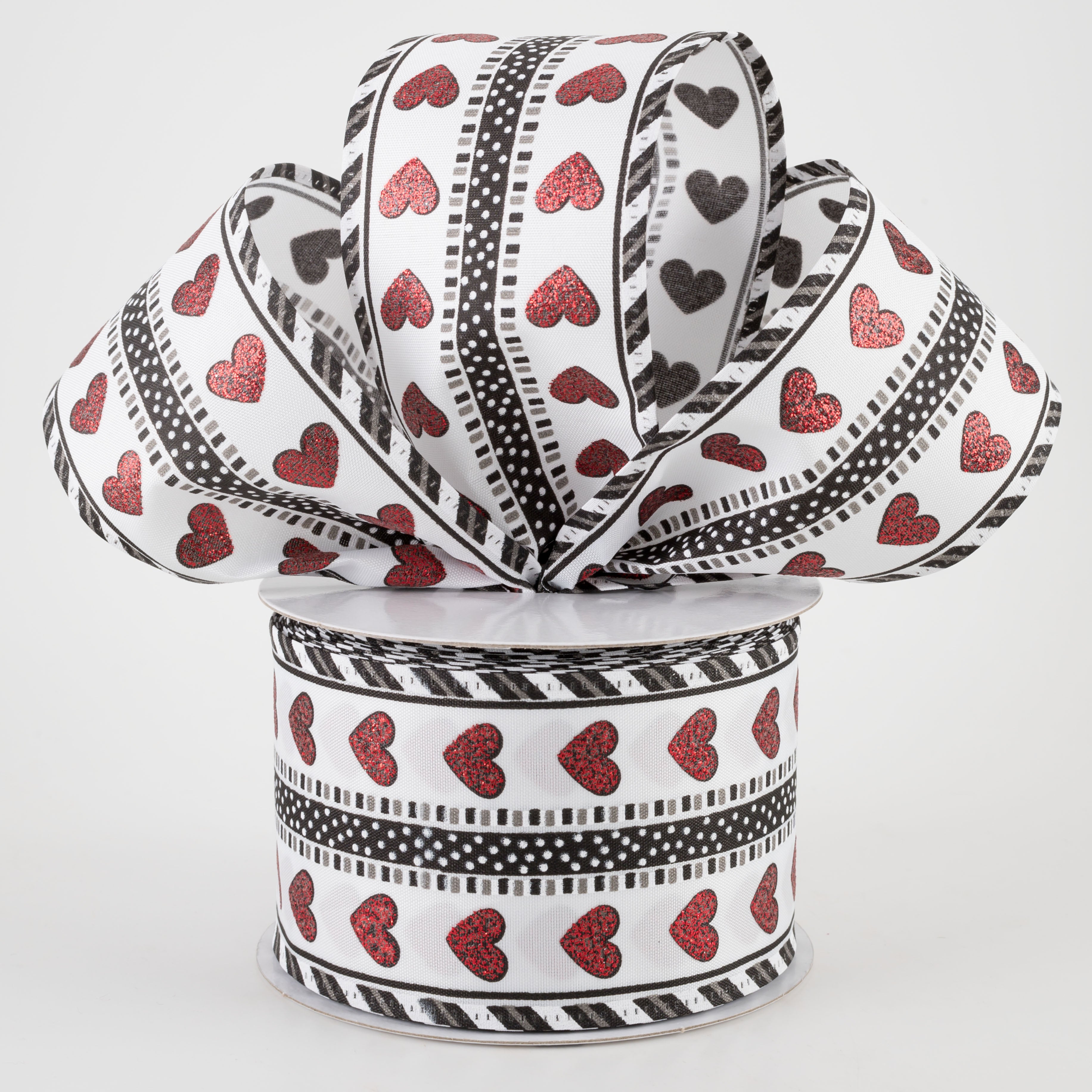 2.5" Glitter Hearts, Lines & Dots Ribbon: Black With Red (10 Yards) Lifestyle Photo