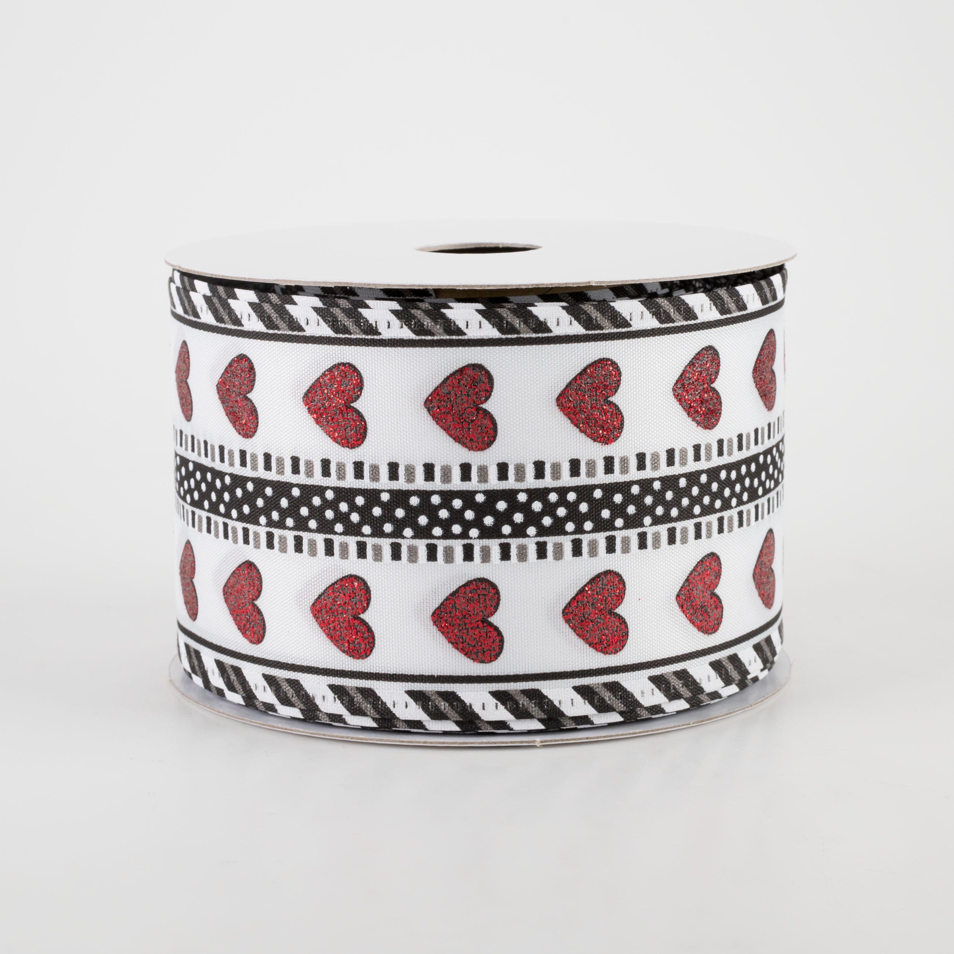 2.5" Glitter Hearts, Lines & Dots Ribbon: Black With Red (10 Yards)