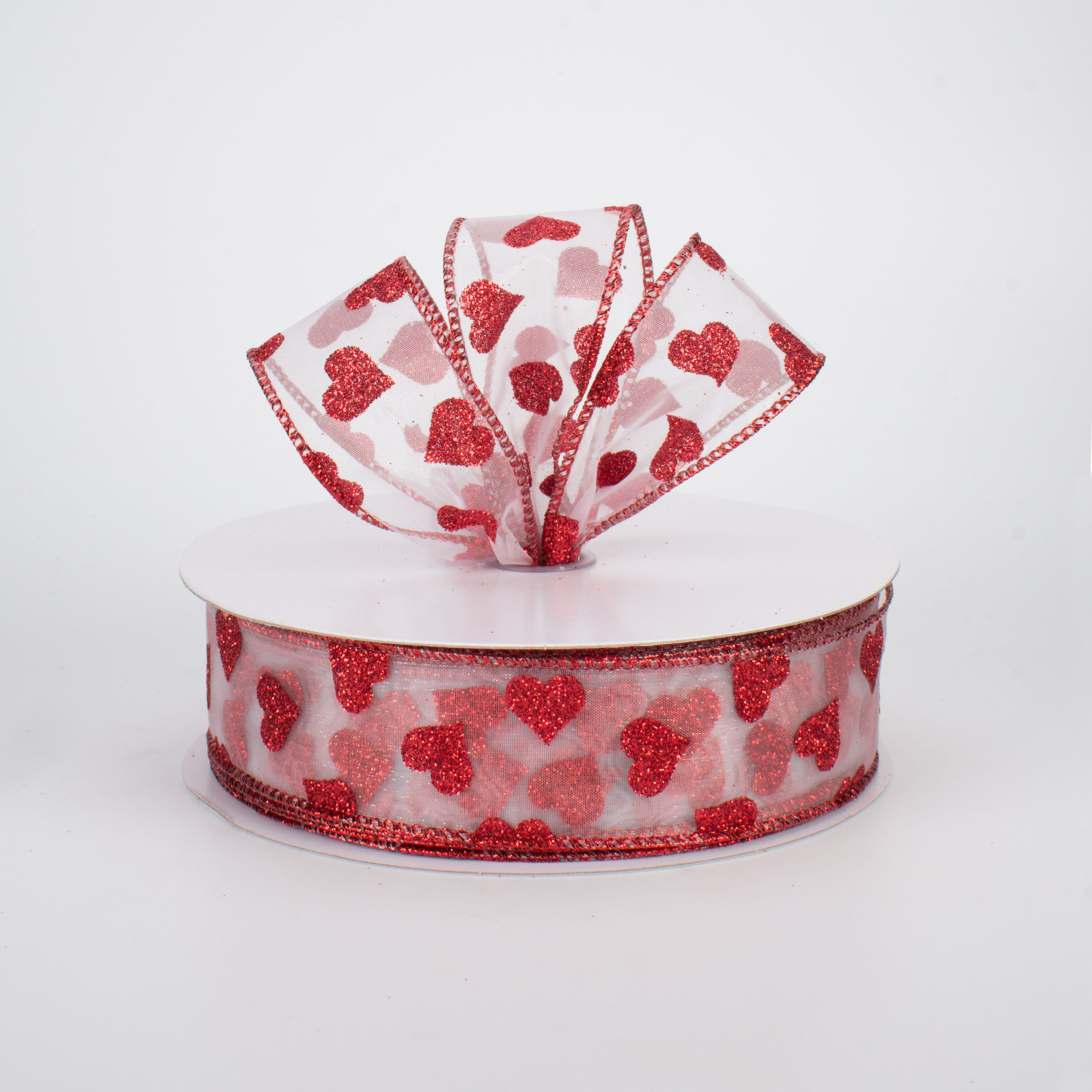 1.5" Glitter Hearts Ribbon: Red On White Sheer (50 Yards) Lifestyle Photo
