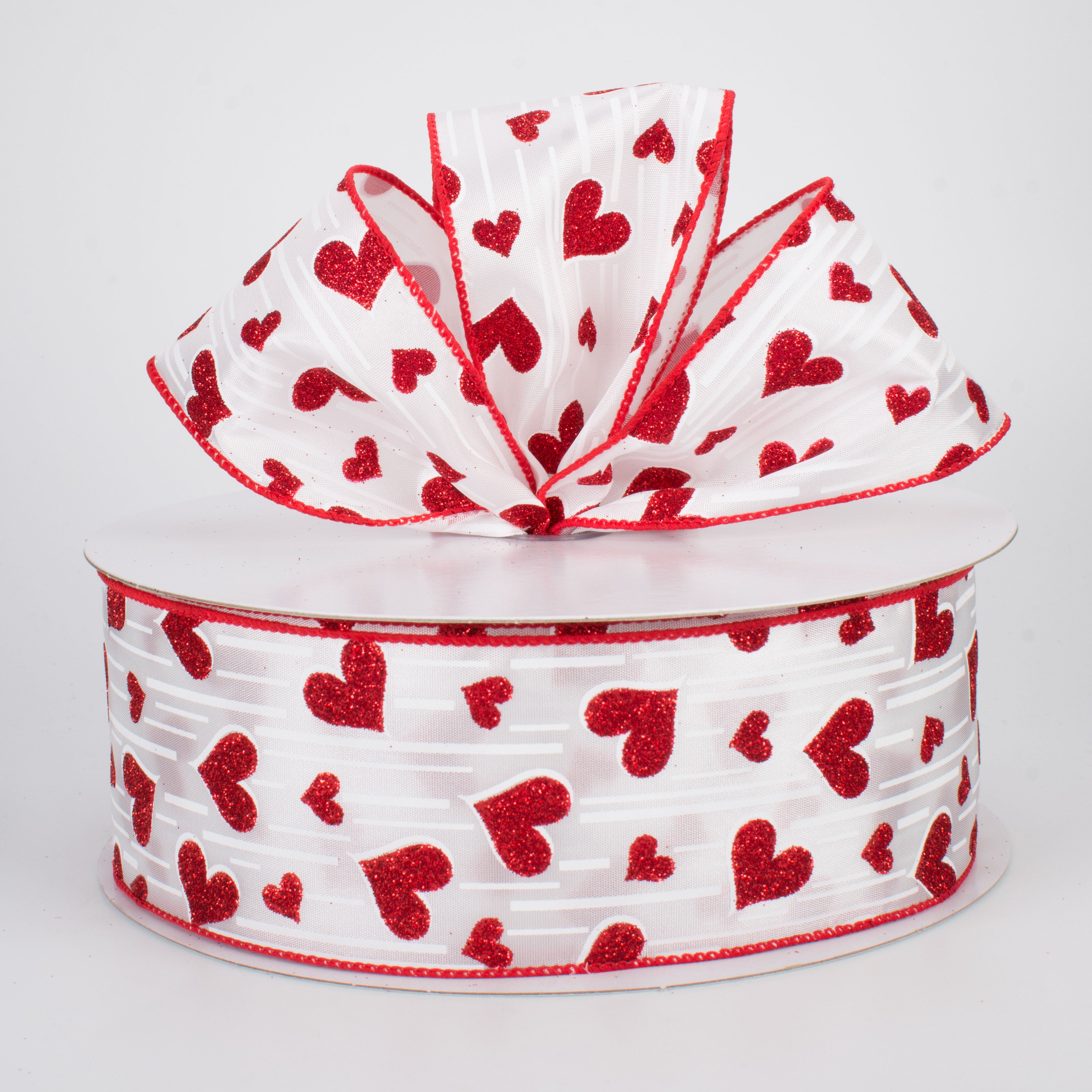 2.5" Glitter Hearts Ribbon: Red With White Lines (50 Yards) Lifestyle Photo