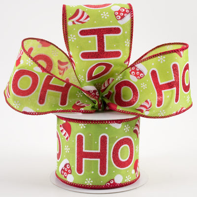 2.5" Glitter Ho Ho Ho & Santa Hats Ribbon: Kiwi Green (10 Yards) Lifestyle Photo
