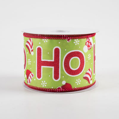 2.5" Glitter Ho Ho Ho & Santa Hats Ribbon: Kiwi Green (10 Yards) Item Number: 72316-40-29
