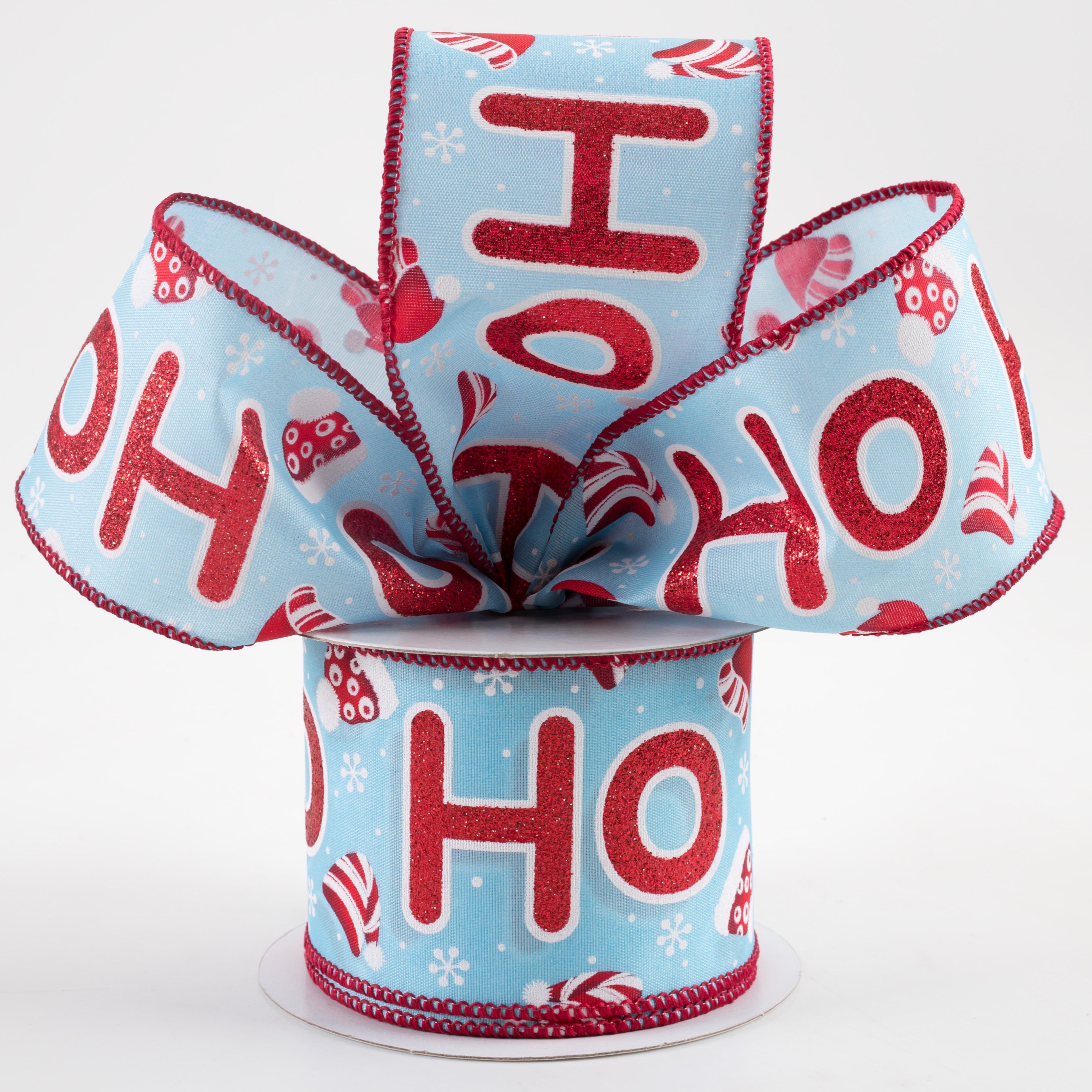 2.5" Glitter Ho Ho Ho & Santa Hats Ribbon: Light Blue (10 Yards) Lifestyle Photo