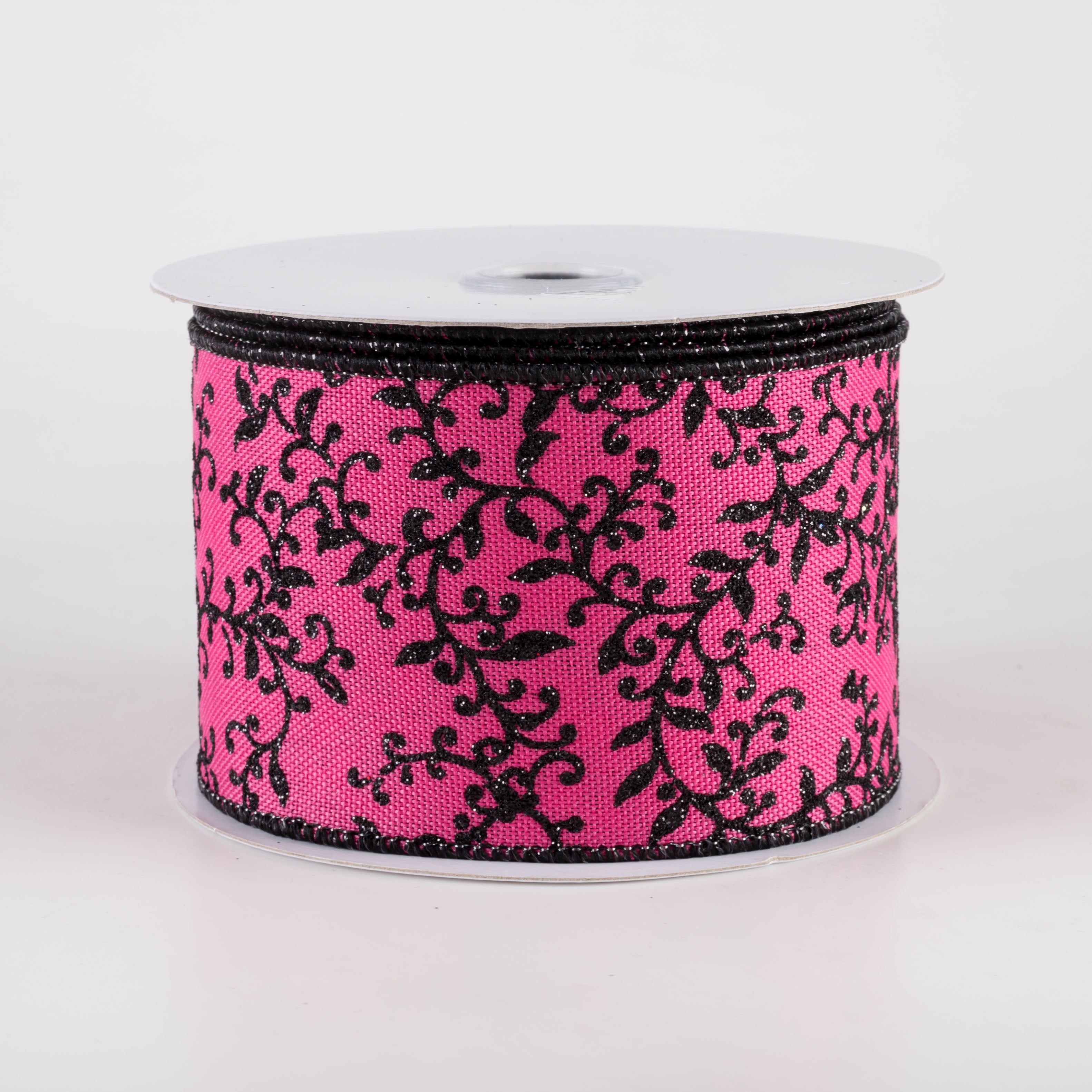 2.5" Glitter Mini Leaf Vines Ribbon: Fuchsia Pink & Black (10 Yards)