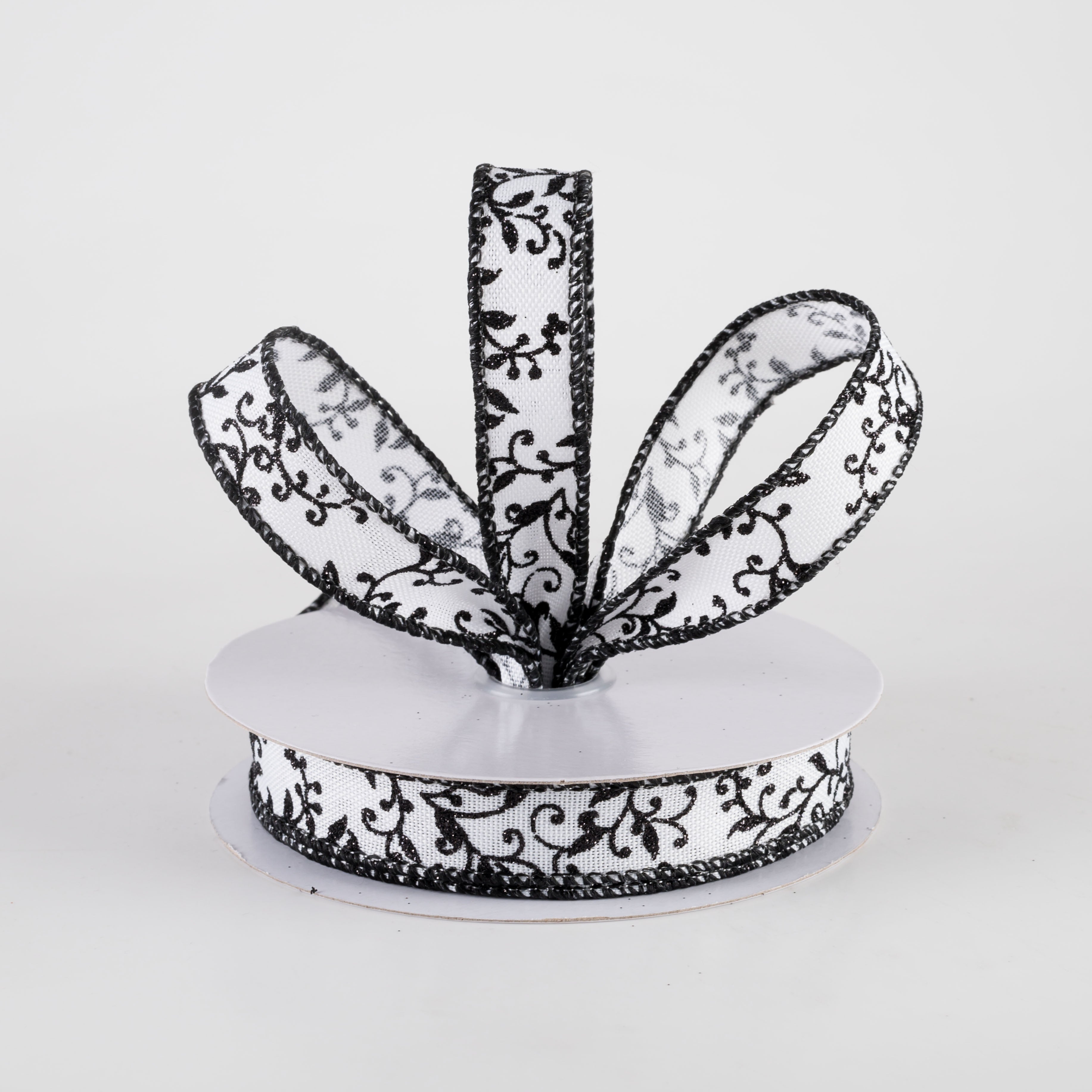 5/8" Glitter Mini Leaf Vines Ribbon: White & Black (10 Yards) Lifestyle Photo