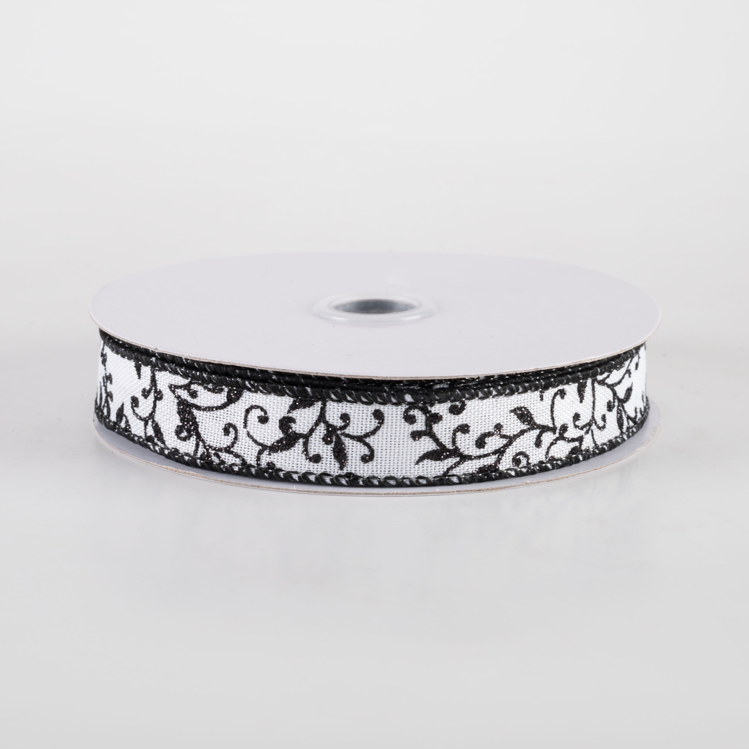 5/8" Glitter Mini Leaf Vines Ribbon: White & Black (10 Yards)