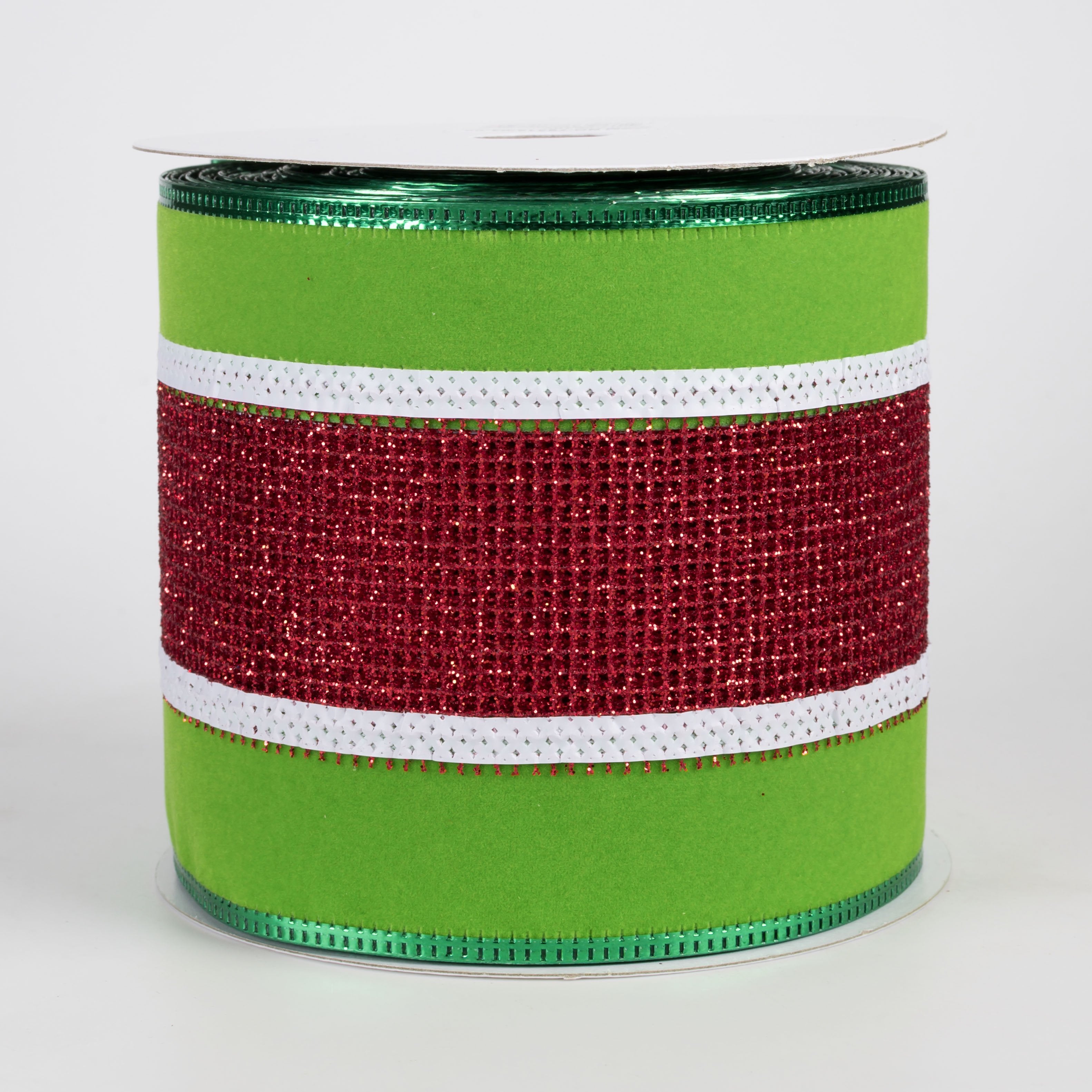 4" Glitter Netting Stripes Velvet Edge Ribbon: Lime, Red & White (10 Yards) Item Number: 76315-04-09