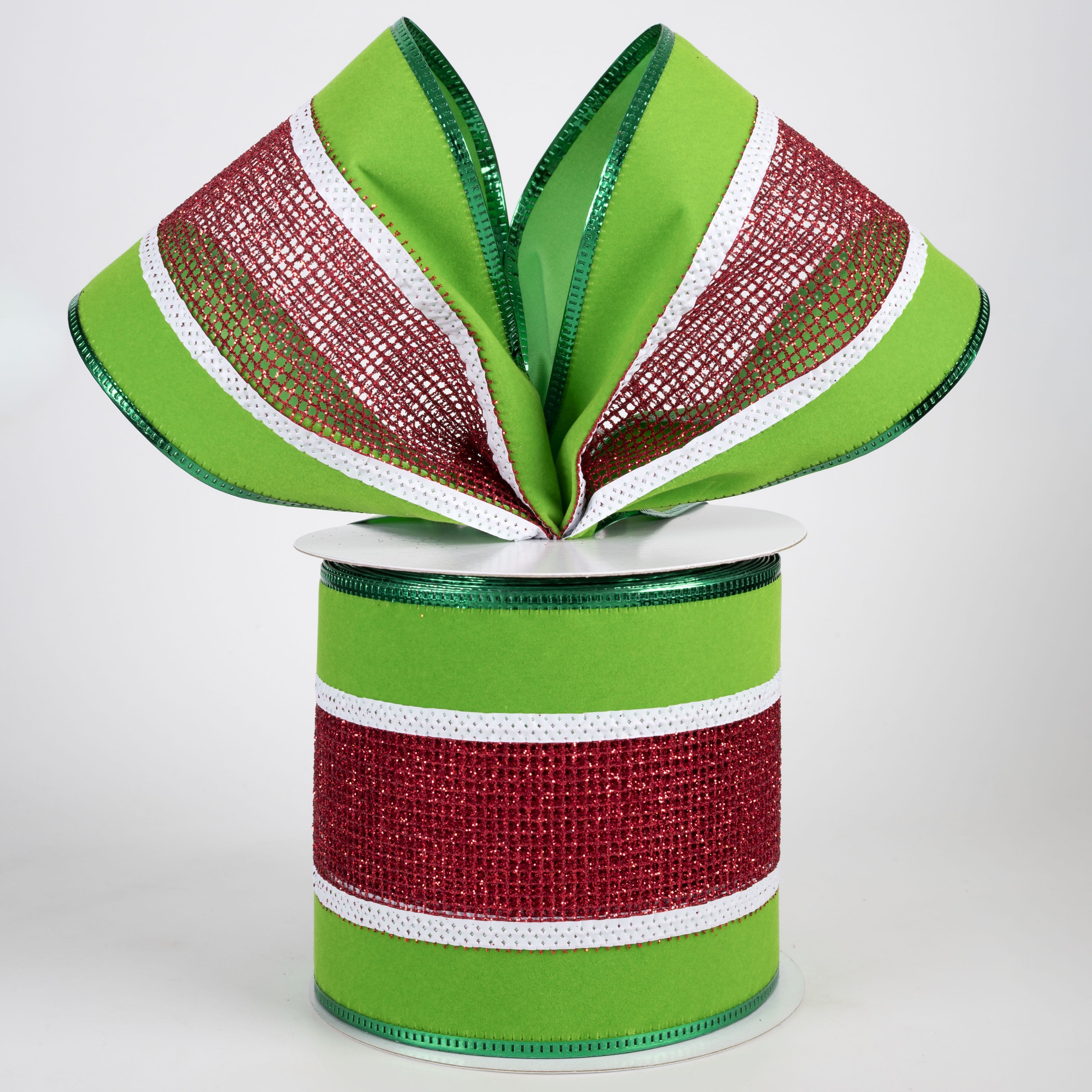 4" Glitter Netting Stripes Velvet Edge Ribbon: Lime, Red & White (10 Yards) Lifestyle Photo