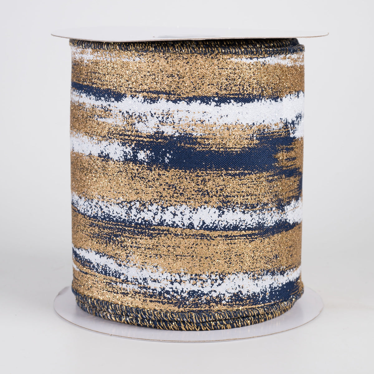 4" Glitter Paint Strokes Ribbon: Gold & White on Navy Blue (10 Yards) Item Number: RGH1468WA