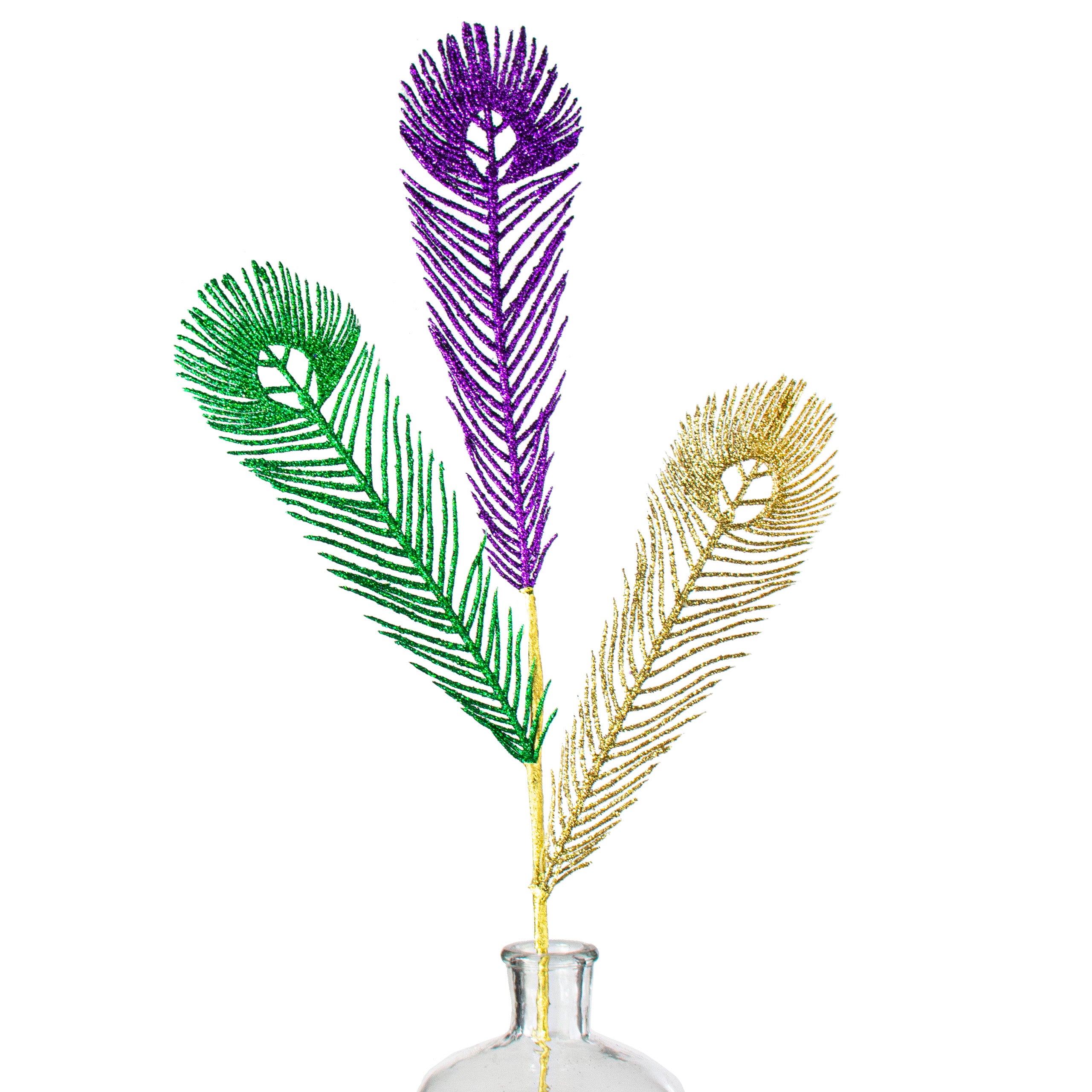 31" Glitter Peacock Spray: Purple, Green, Gold Item Number: HG3069MG