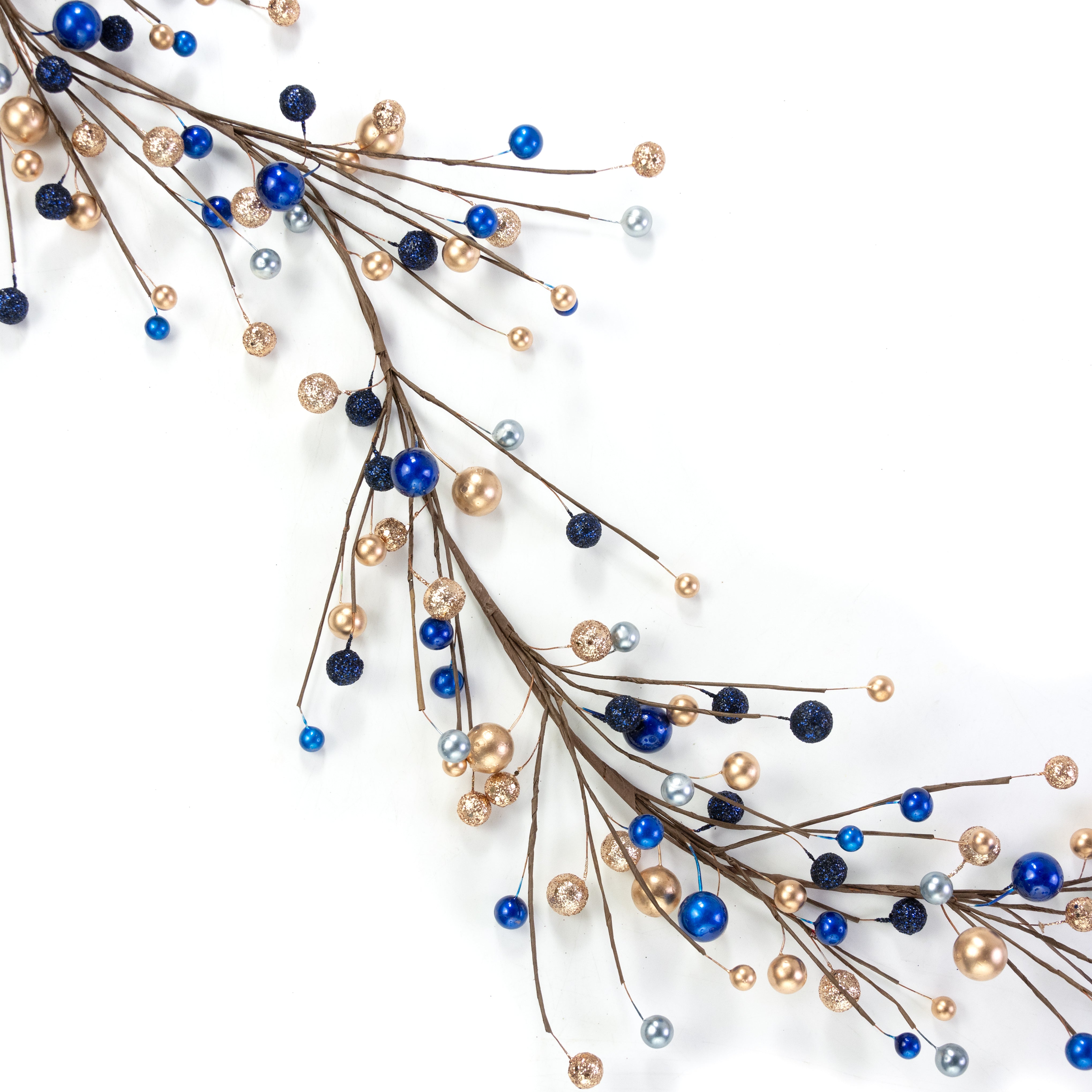 5' Glitter & Pearl Ball Garland: Gold, Blue & Pewter Item Number: XX940389