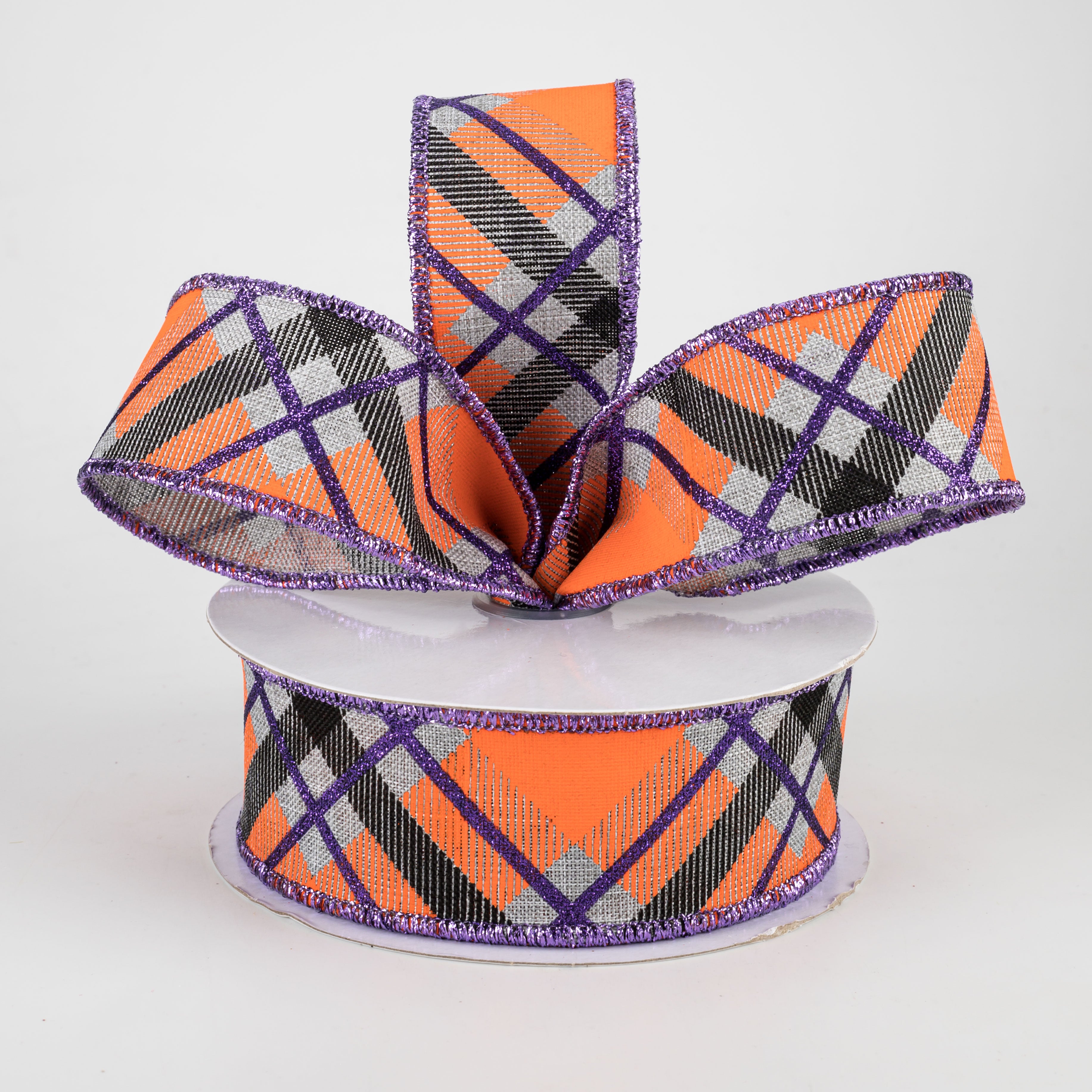 1.5" Glitter Plaid Ribbon: Light Grey, Purple, Orange (10 Yards) Lifestyle Photo