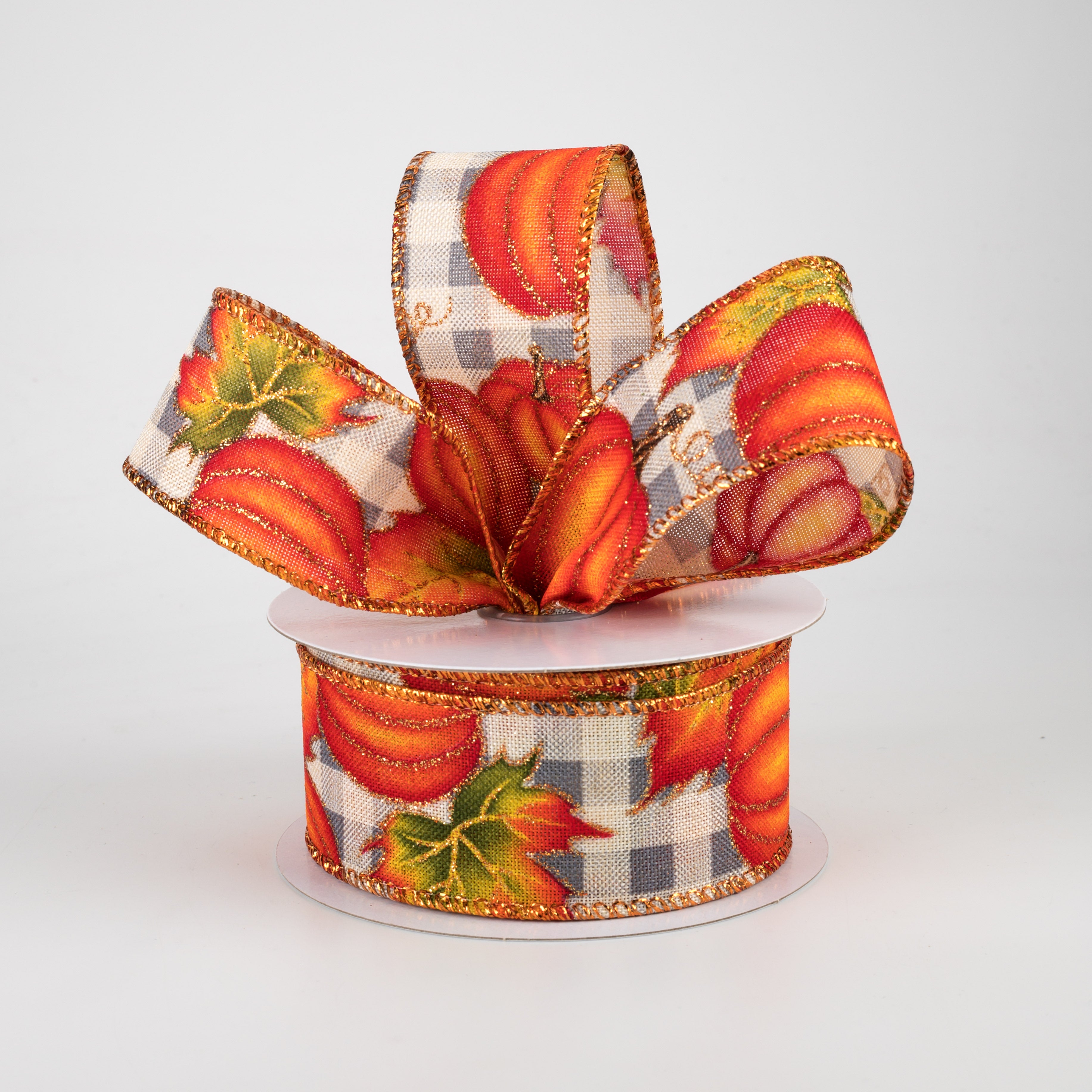 1.5" Glitter Pumpkin Check Ribbon: Grey & Cream (10 Yards) Lifestyle Photo