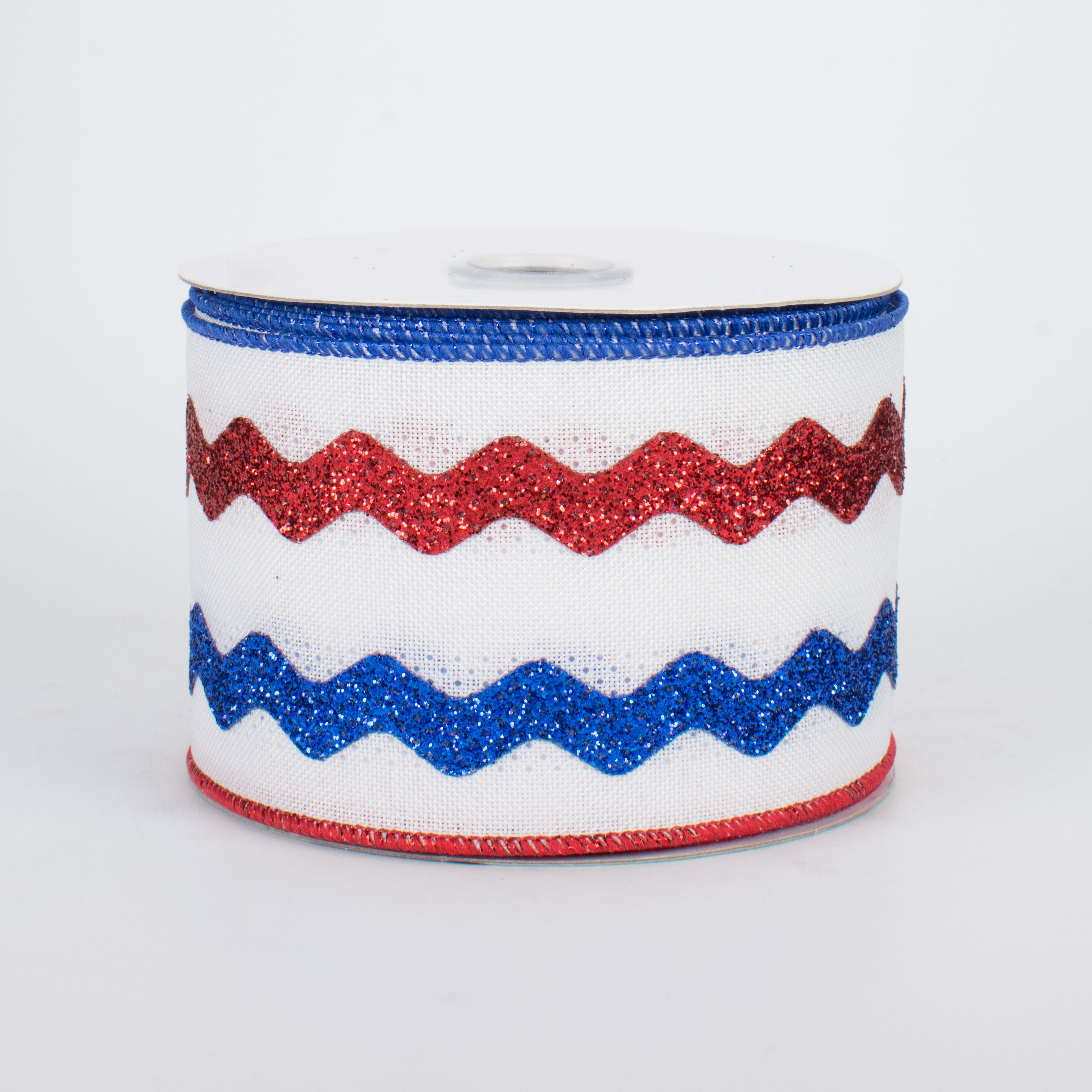 Patriotic Ricrac Glitter Ribbon - Red White & Blue 2.5 Inch Wired (10 Yards)