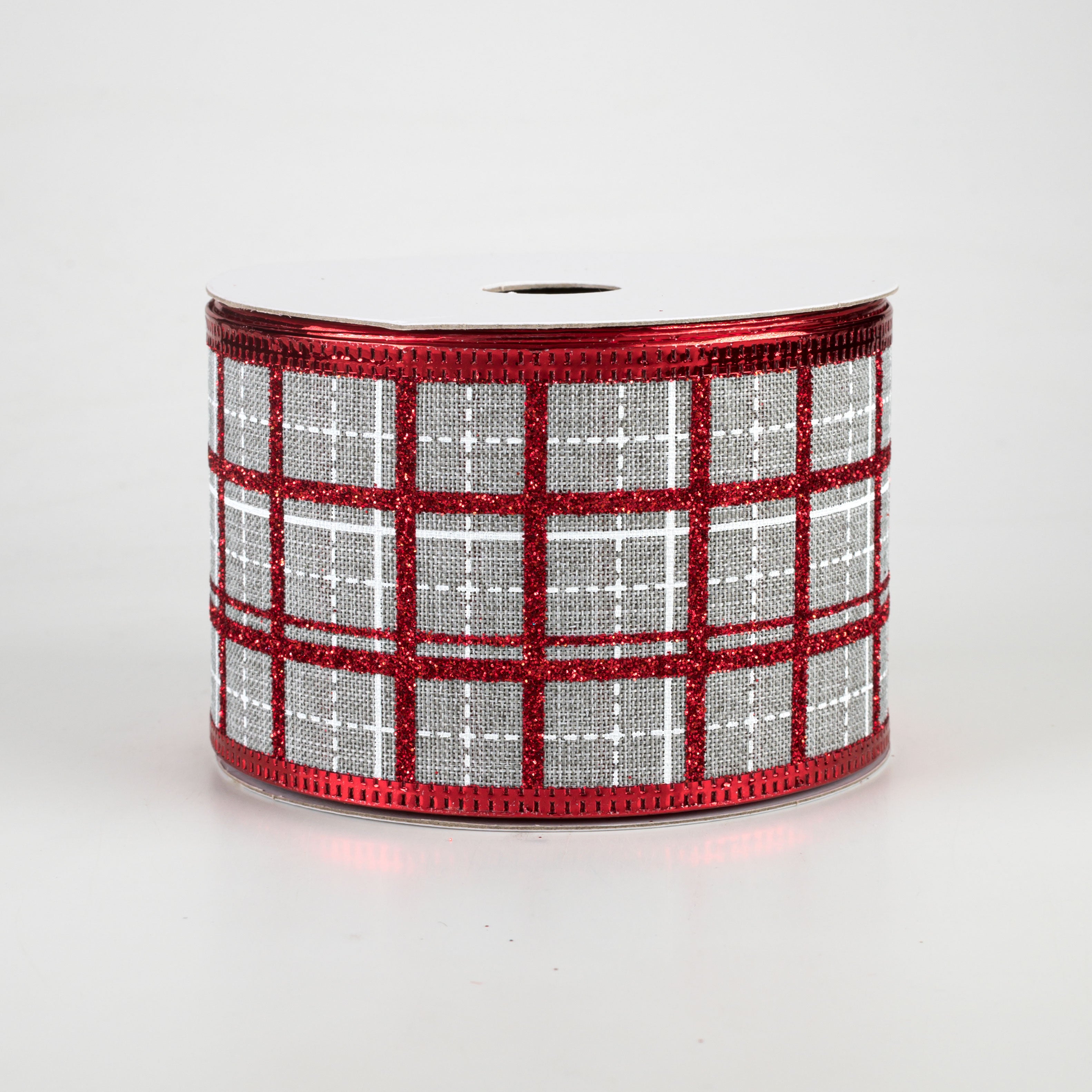 2.5" Glitter Square Plaid Ribbon: Light Grey, White, Red (10 Yards)