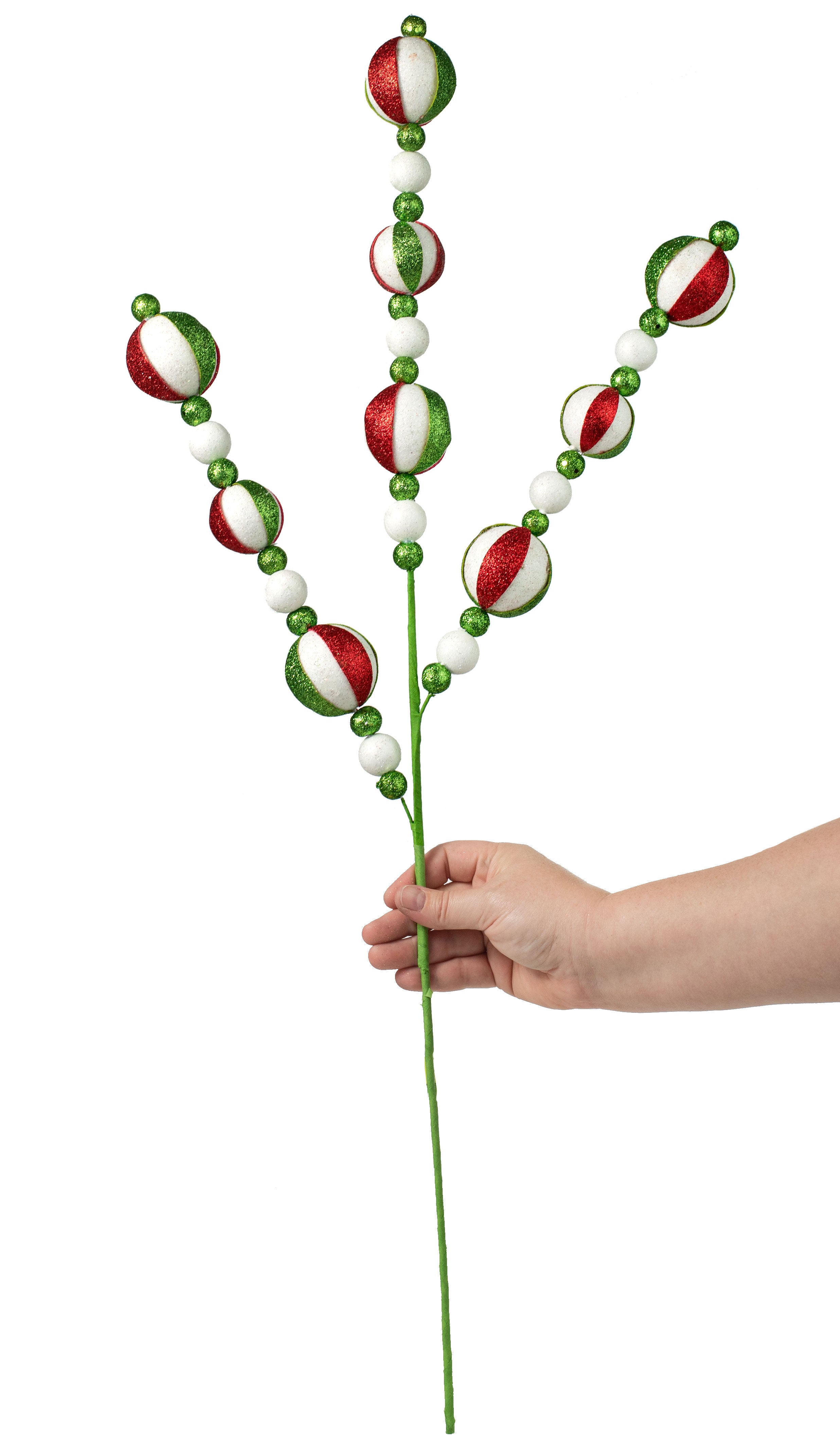 32" Glitter Stripe Ball Spray: Red, Green, White Lifestyle Photo