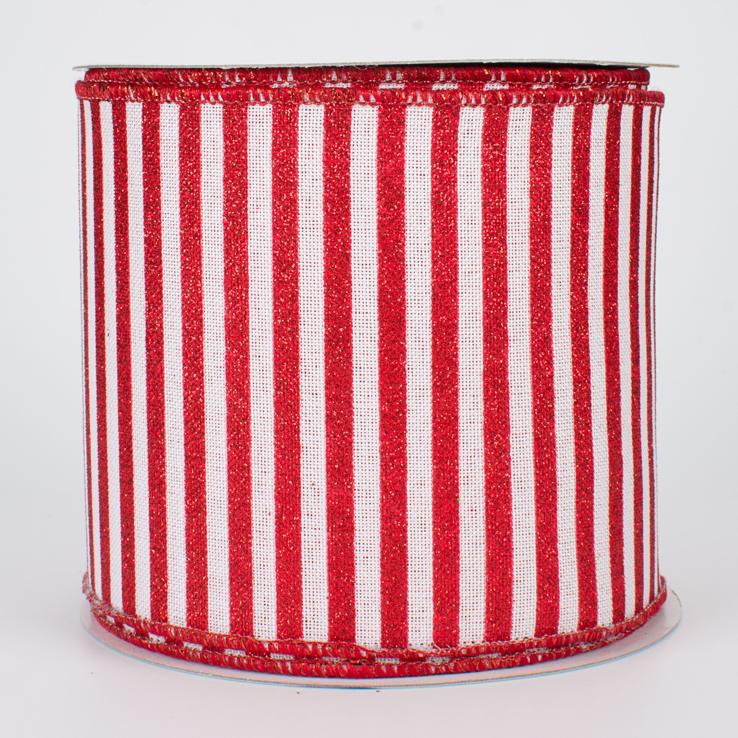 4" Glitter Stripe Canvas Ribbon: White & Red (10 Yards)