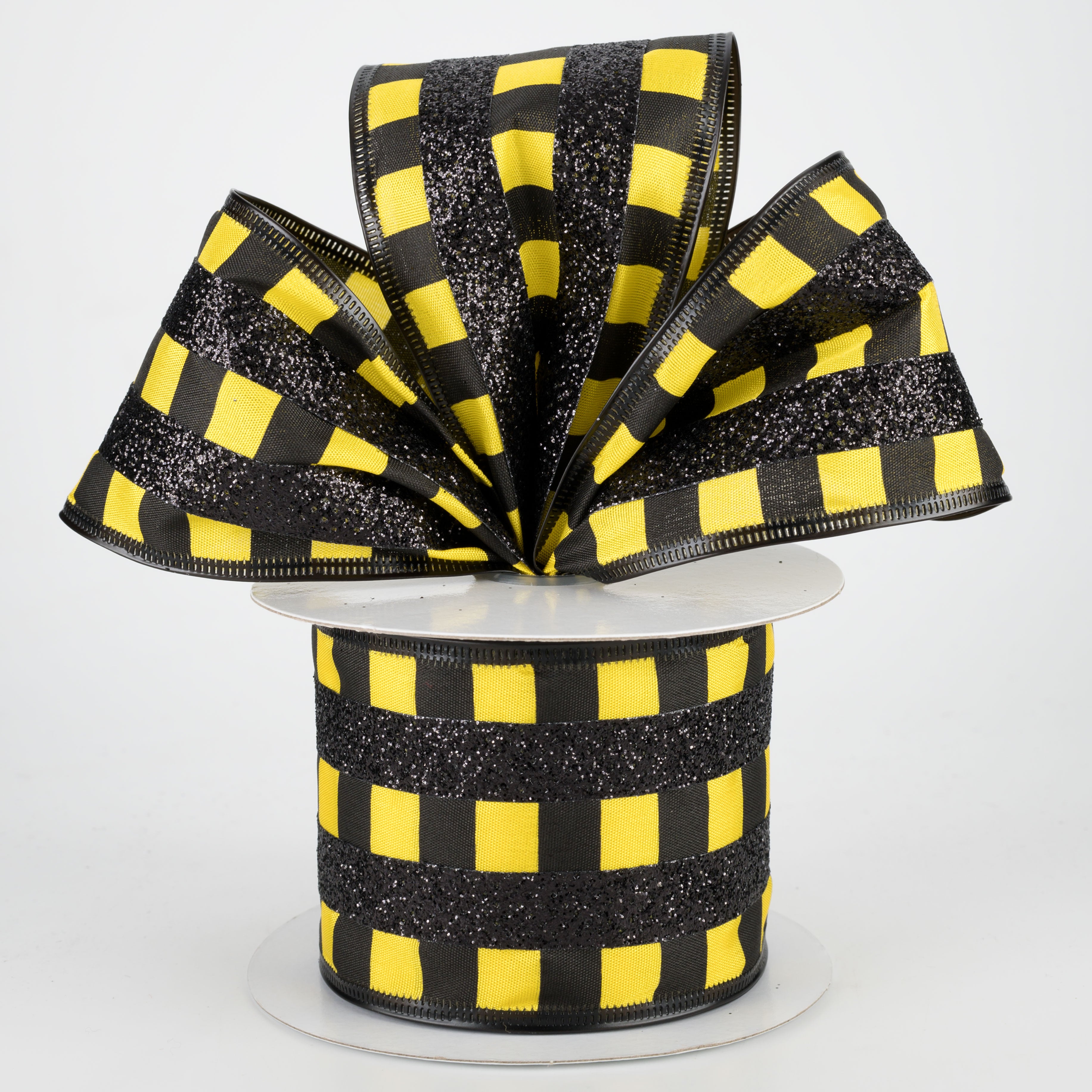 2.5" Glitter Stripes On Satin Ribbon: Black & Yellow (10 Yards) Lifestyle Photo