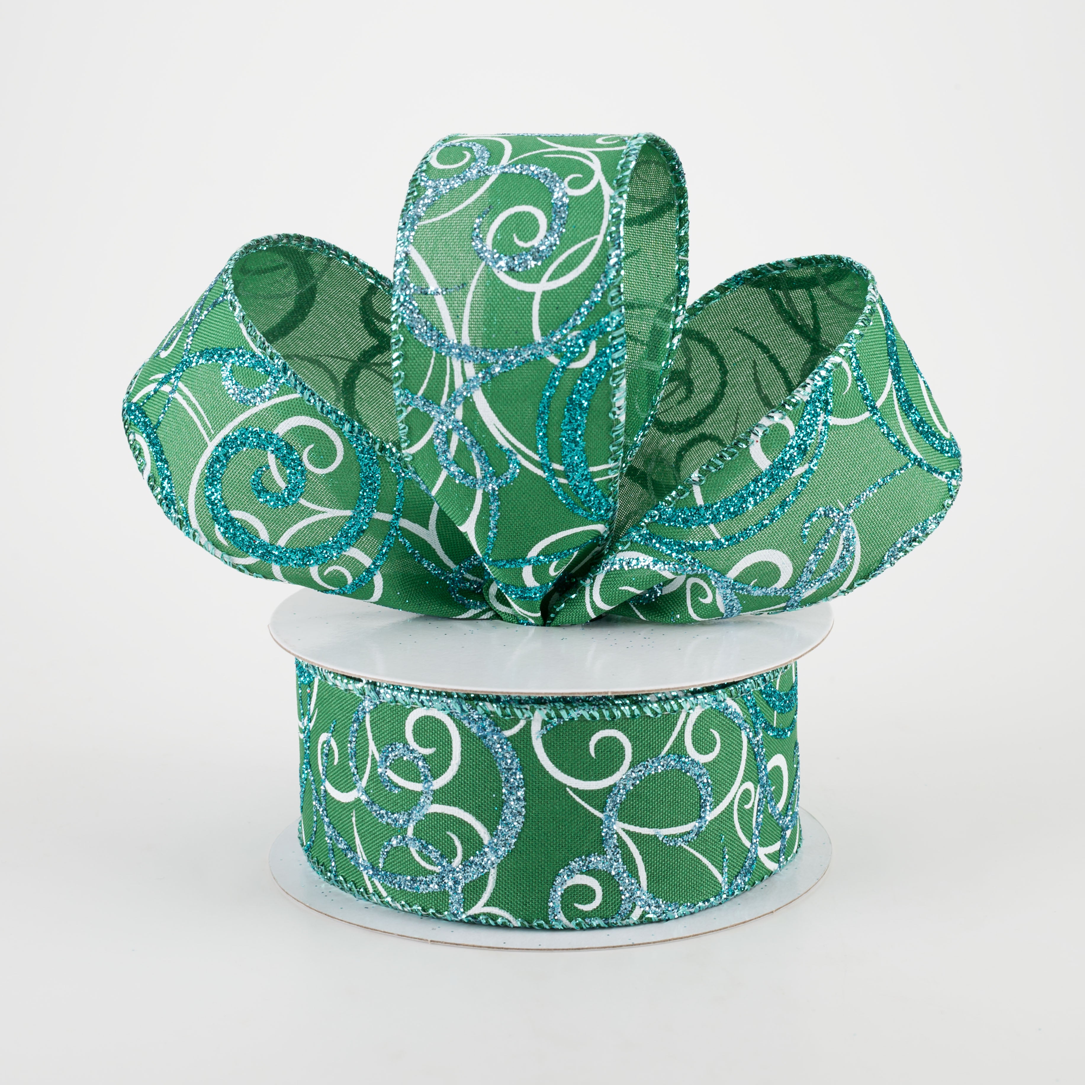 1.5" Glitter Swirls Ribbon: Green, White, Aqua, Blue (10 Yards) Lifestyle Photo