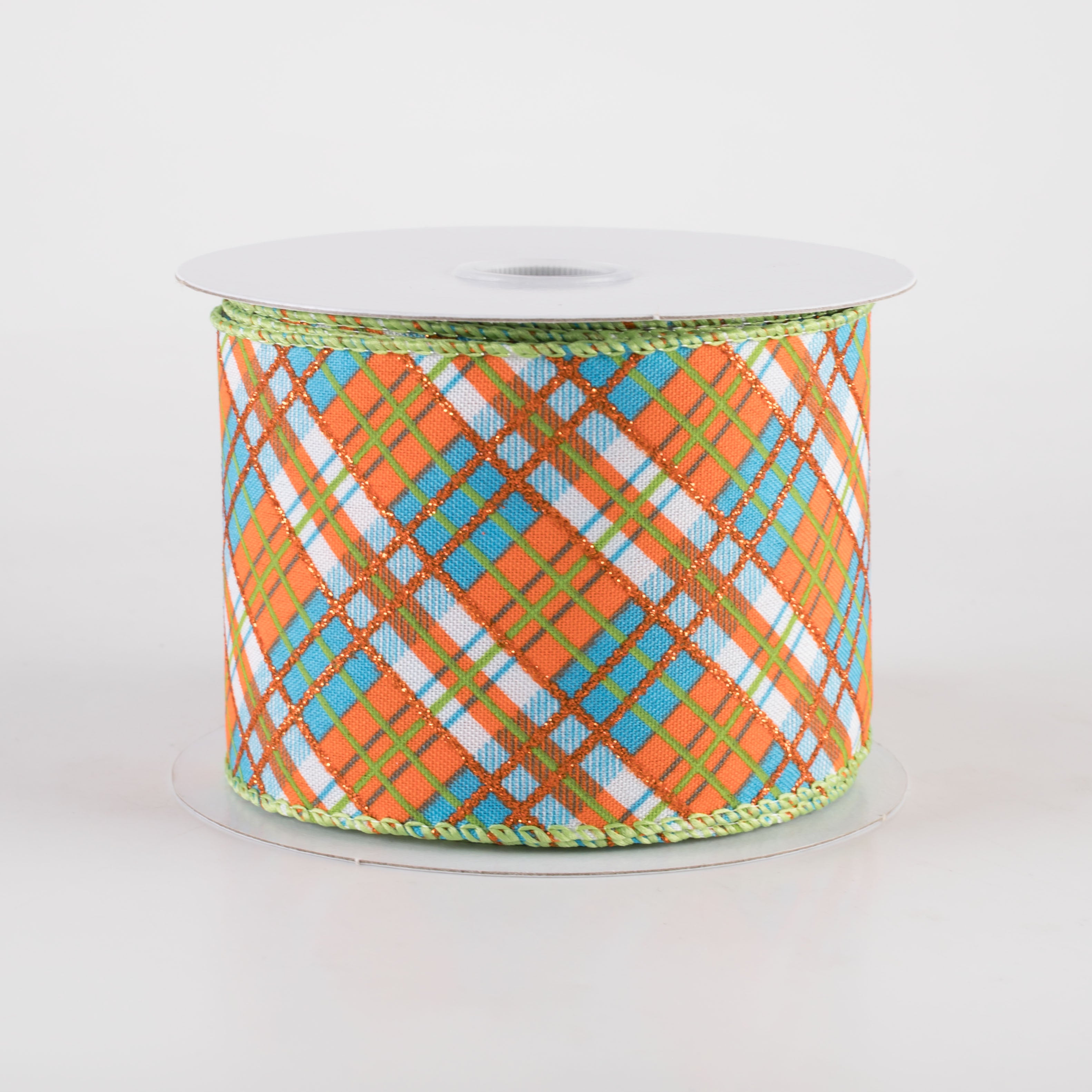 2.5" Glittered Busy Plaid Ribbon: Teal Blue, Orange & Lime Green (10 Yards) Item Number: 61423-40-33