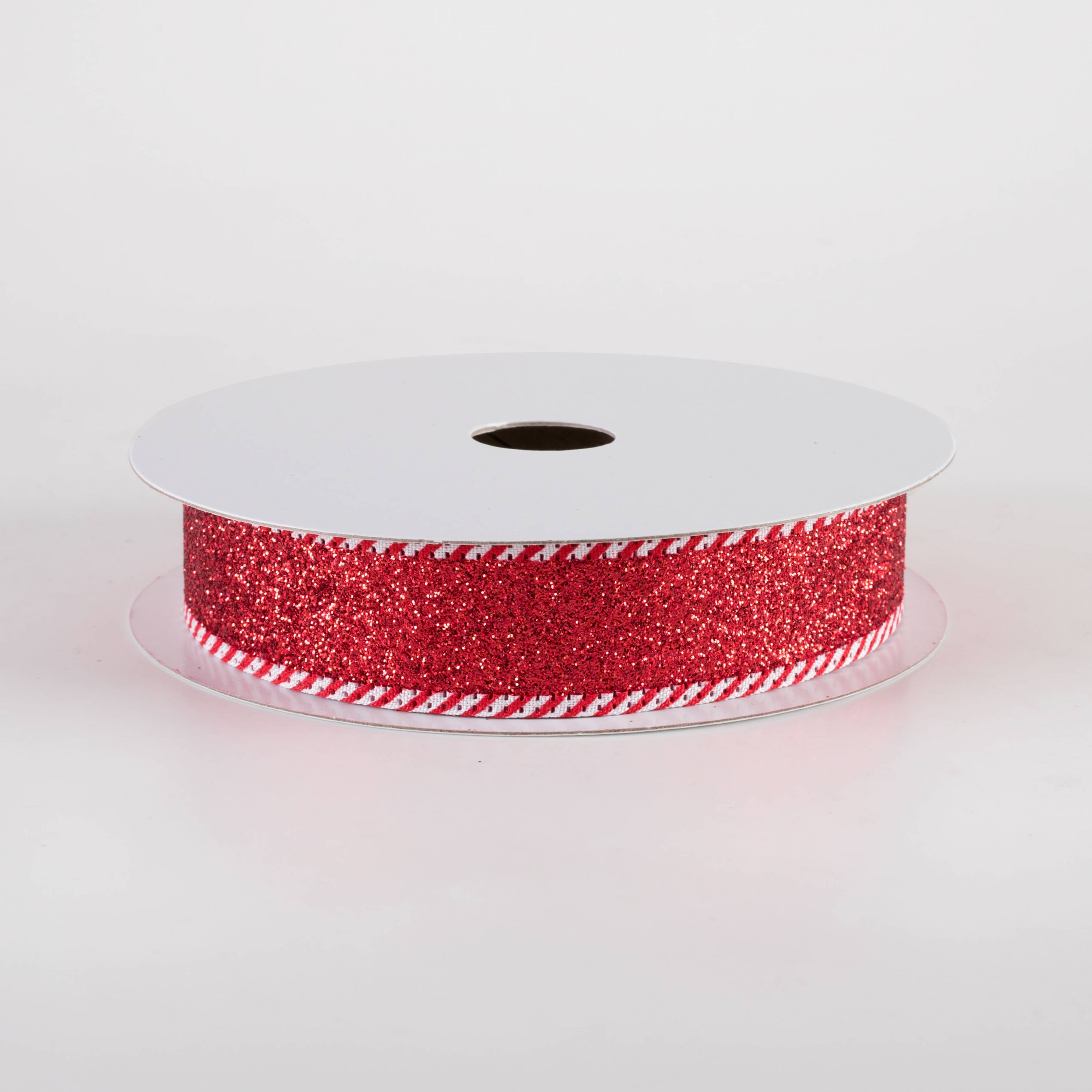 7/8" Glittered Candy Cane Edge Ribbon: Red (10 Yards) Item Number: 76344-05-12