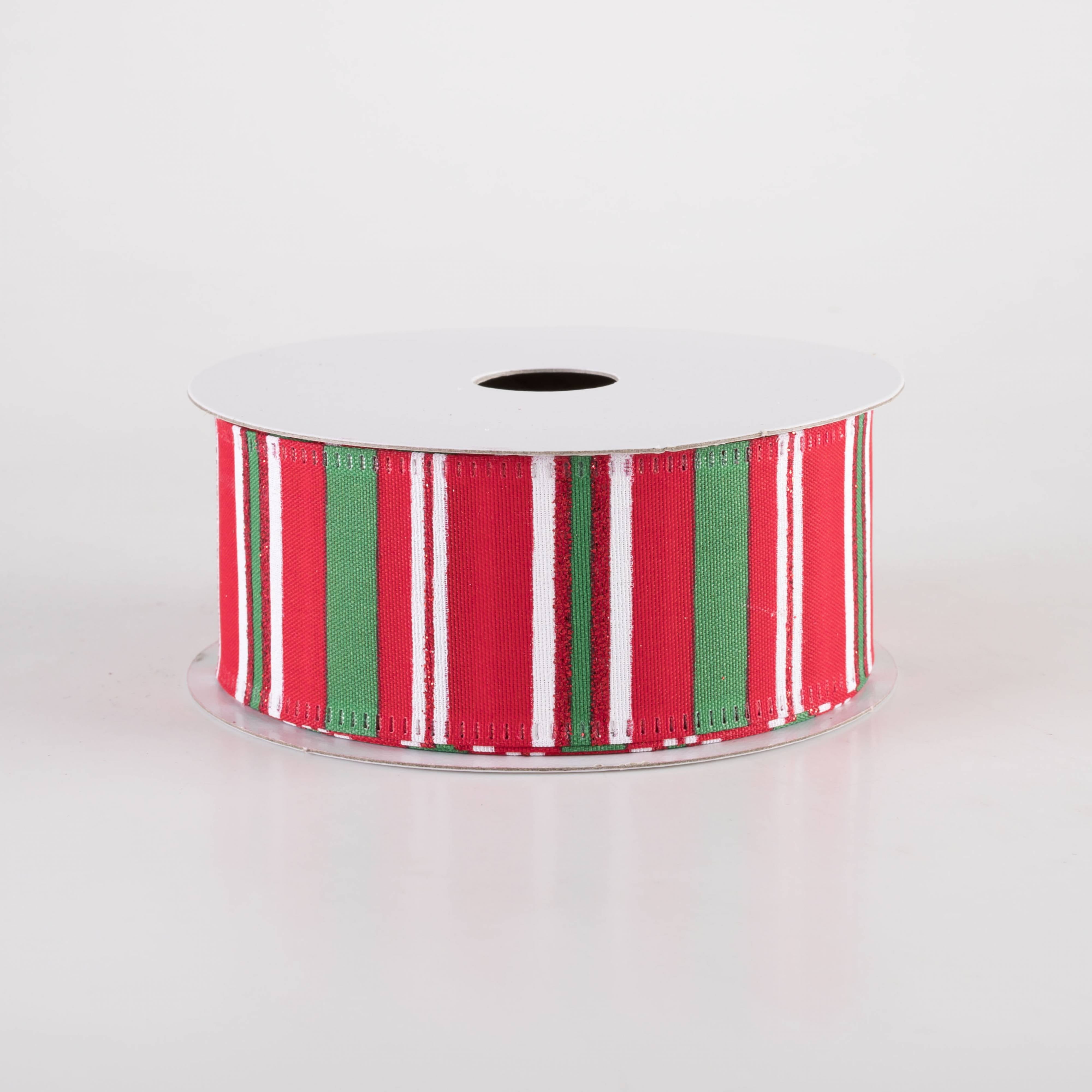 1.5" Glittered Candy Stripes Ribbon: Red, Emerald & White (10 Yards) Item Number: 76418-09-17