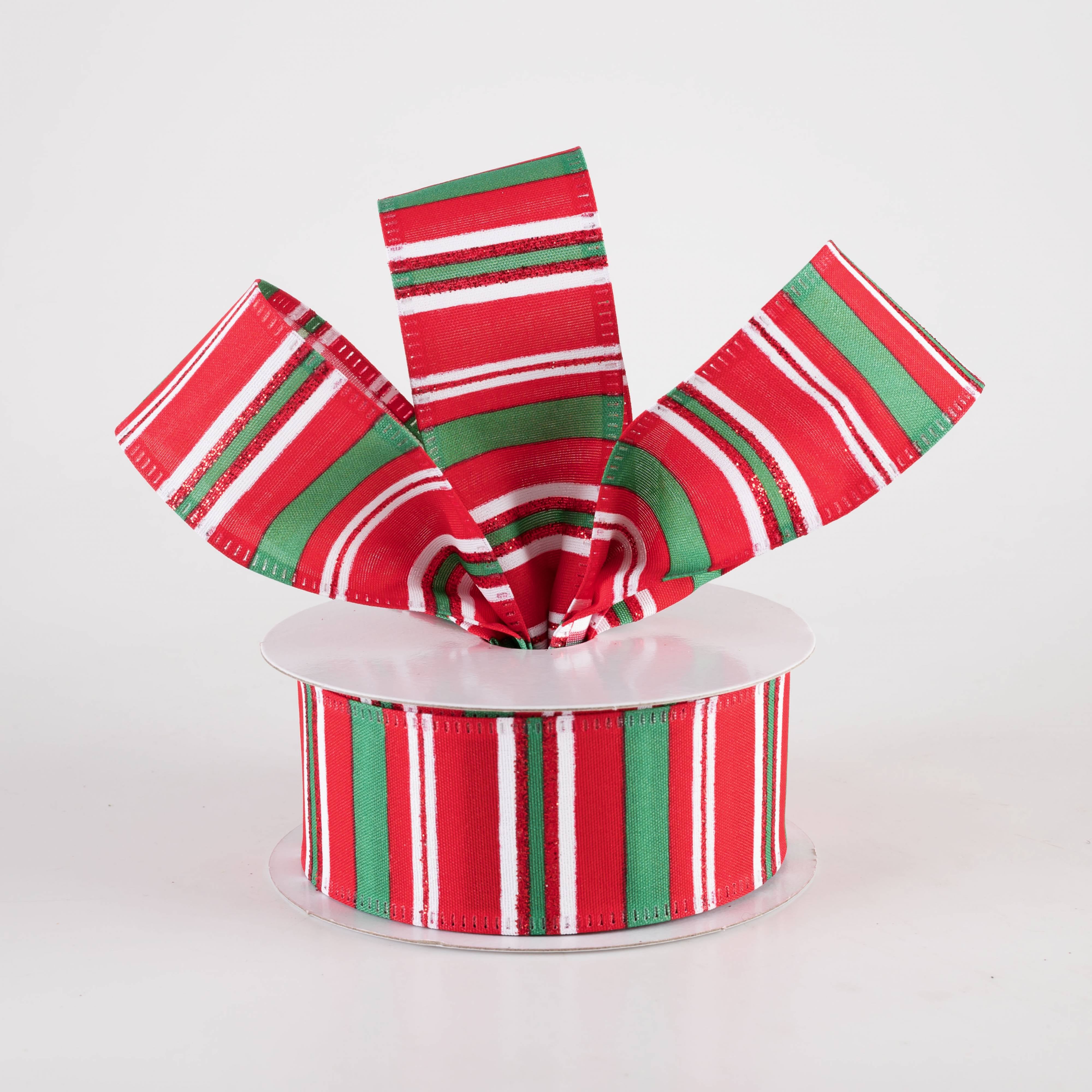 1.5" Glittered Candy Stripes Ribbon: Red, Emerald & White (10 Yards) Lifestyle Photo