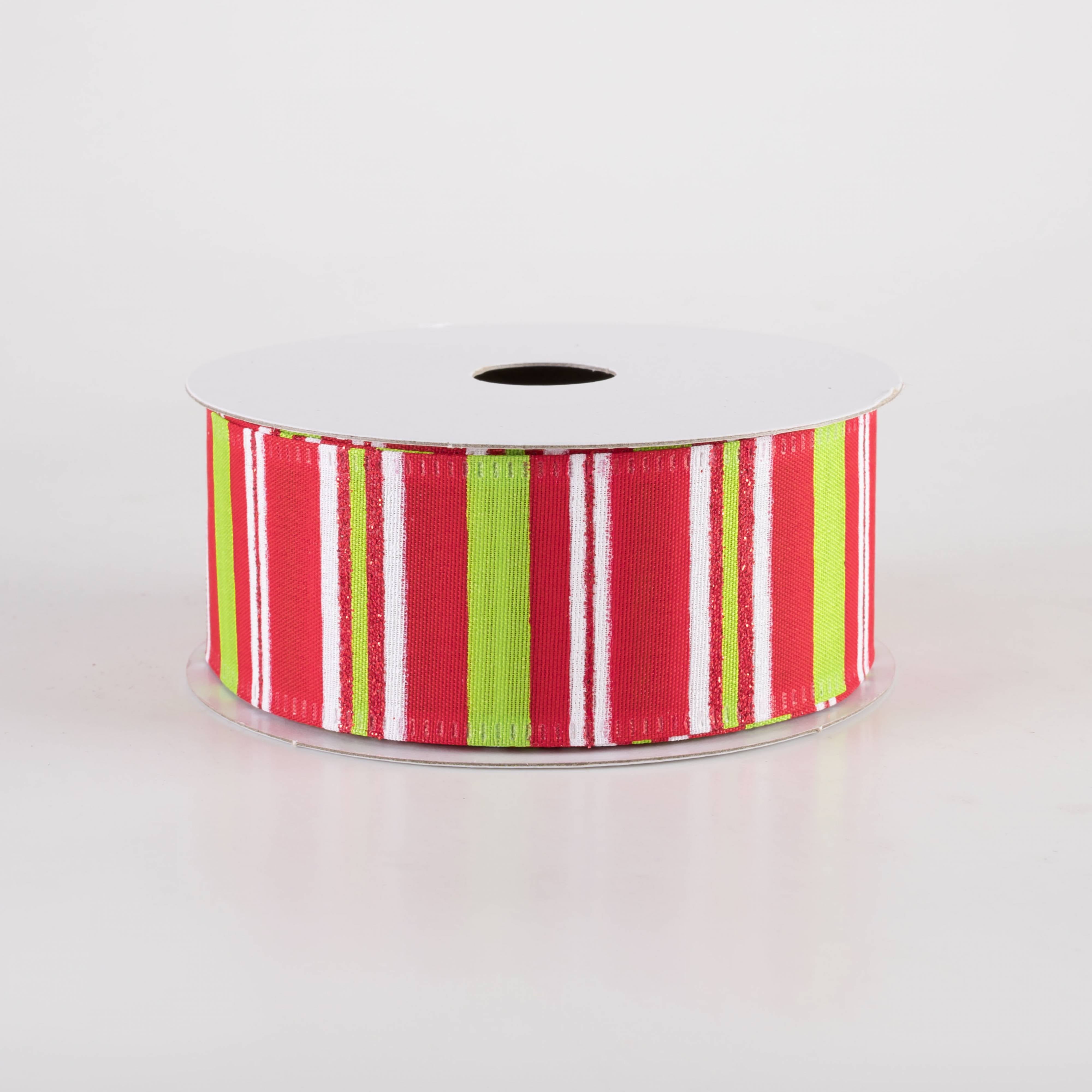 1.5" Glittered Candy Stripes Ribbon: Red, Lime & White (10 Yards) Item Number: 76418-09-29